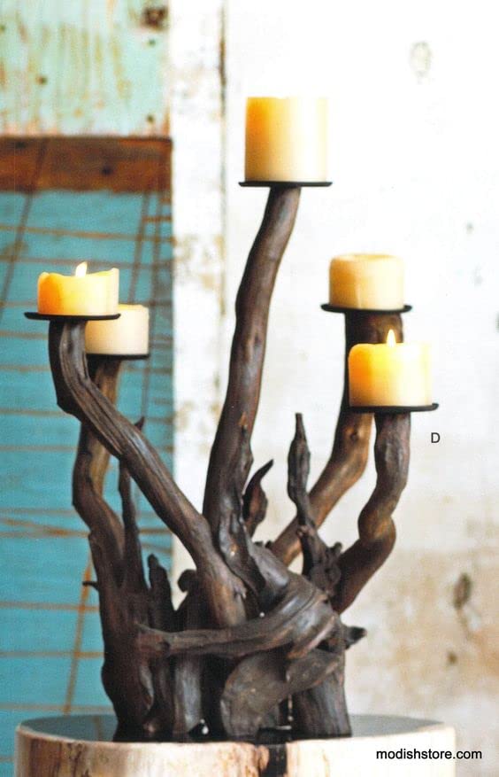 Dark Driftwood Candelabra - Vertical Multi-Arm Candle Holder Stand in Varying Sizes - Rustic Table Centerpiece for Home, Wedding & Event Decor - 5-Piece Candle Holder (16