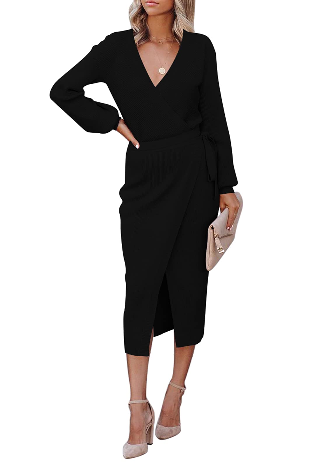 Meenew Women's Wrap Sweater Dress - Long Sleeve Bodycon Dress with Slit Front & Tie Waist | Perfect for Fall Winter Outfits, Date Night & Office Wear