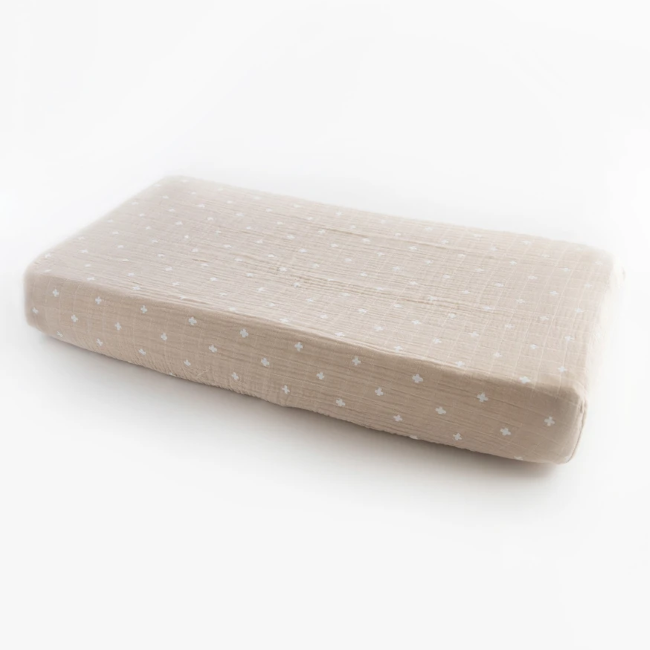 Little Unicorn Premium Cotton Muslin Changing Pad Cover - Soft & Breathable Taupe Cross Design for Baby Nursery, Diaper Changing Station & Travel Use