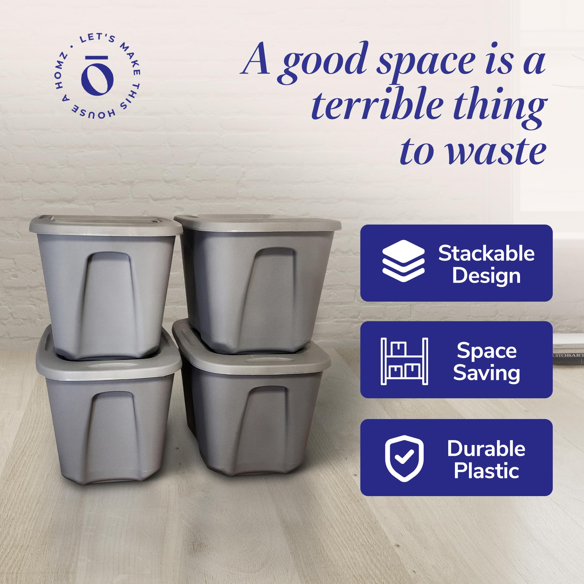 HOMZ 4-Pack Heavy Duty Plastic Storage Bins - 10 Gallon Home Organization Containers - Titanium Silver - Perfect for Closet, Pantry, Garage & Toy Storage