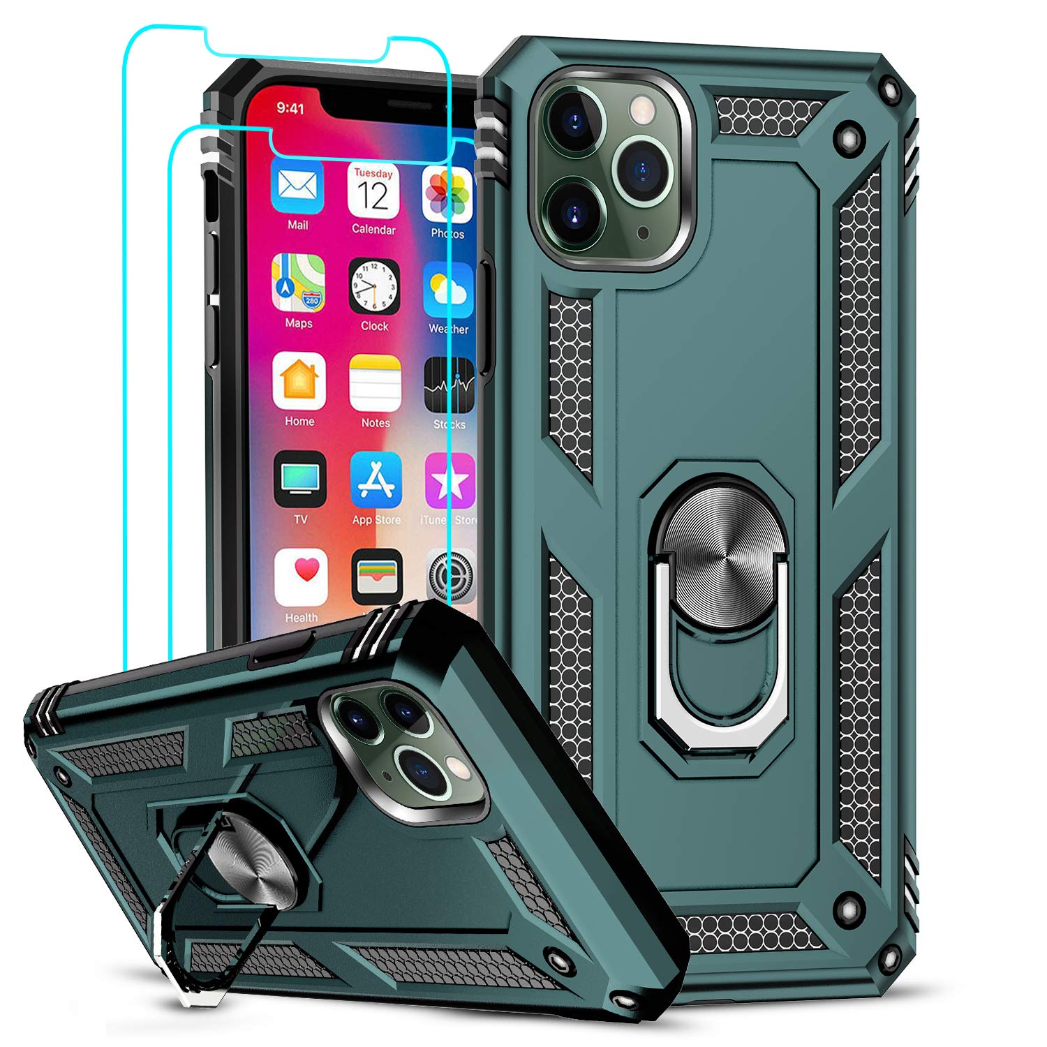 Military-Grade Shockproof iPhone 11 Pro Max Case with Tempered Glass Screen Protector [2 Pack] - Green Heavy Duty Phone Cover with Ring Kickstand for Apple iPhone 11 Pro Max 6.5 Inch | Perfect for Outdoor Activities, Work & Travel Protection