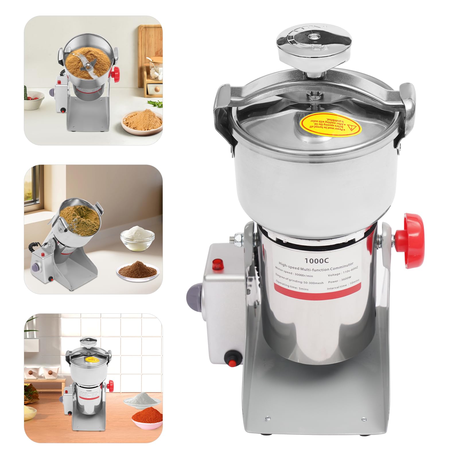 4500W Commercial Electric Grain Mill Grinder - 110V High-Speed Stainless Steel Spice & Herb Grinder for Wheat, Corn, Rice - 30000 RPM, 1000g Capacity (2.2lbs) - Perfect for Bakeries, Restaurants & Home Kitchens