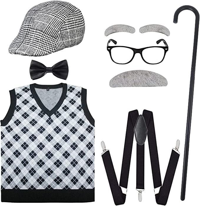 ATTBEA Old Man Costume for Kids - 100 Days of School Costume Set with Hat & Glasses | Halloween Dress Up, School Spirit Day & Themed Party Outfit