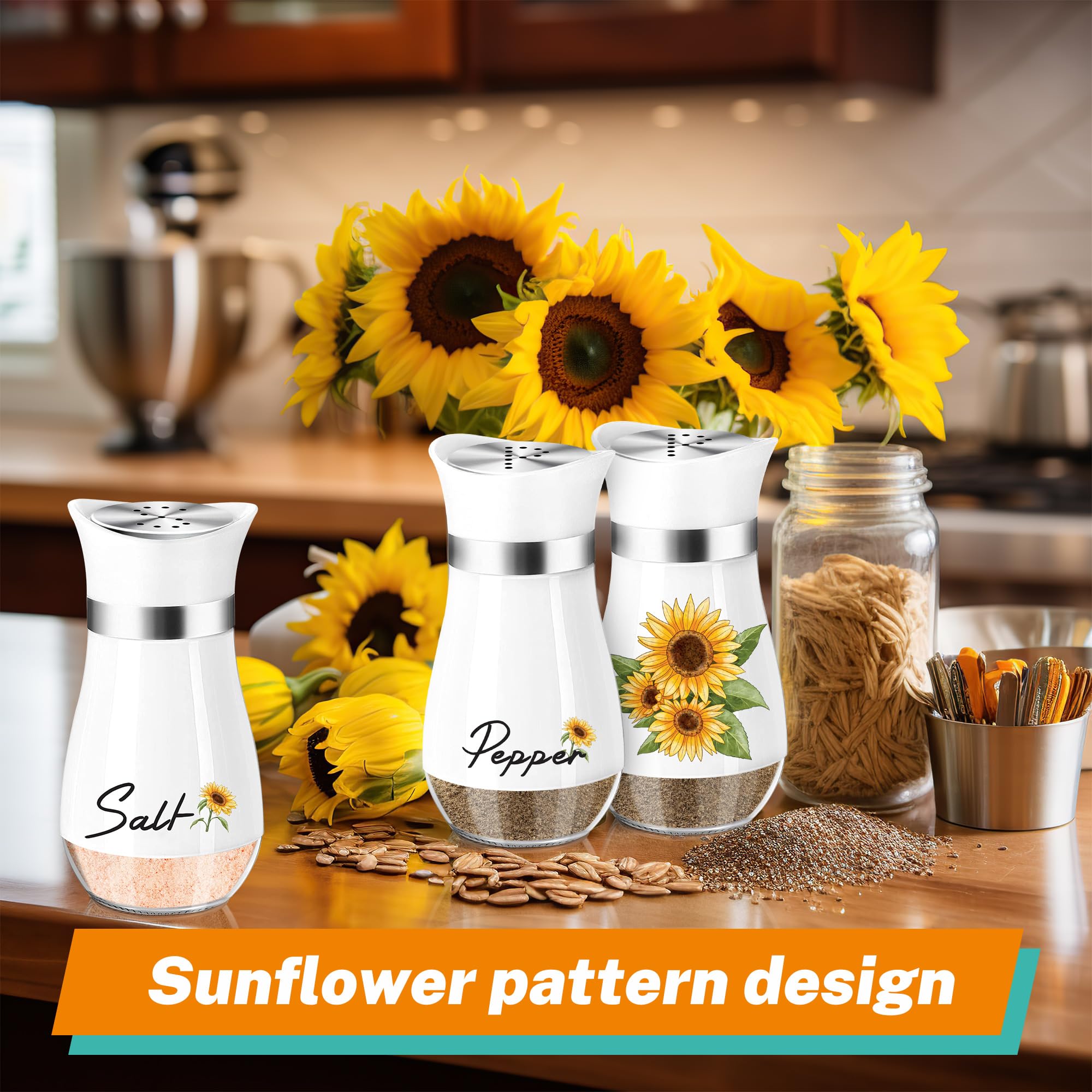 Sunflower Salt and Pepper Shakers Set - 4oz Glass Farmhouse Kitchen Decor with Ceramic Lid - Perfect for Cooking, Dining Table, Housewarming Gifts, Thanksgiving & Christmas Decorations - Cute Sunflower-Themed Kitchen Accessories for Home & Gifts