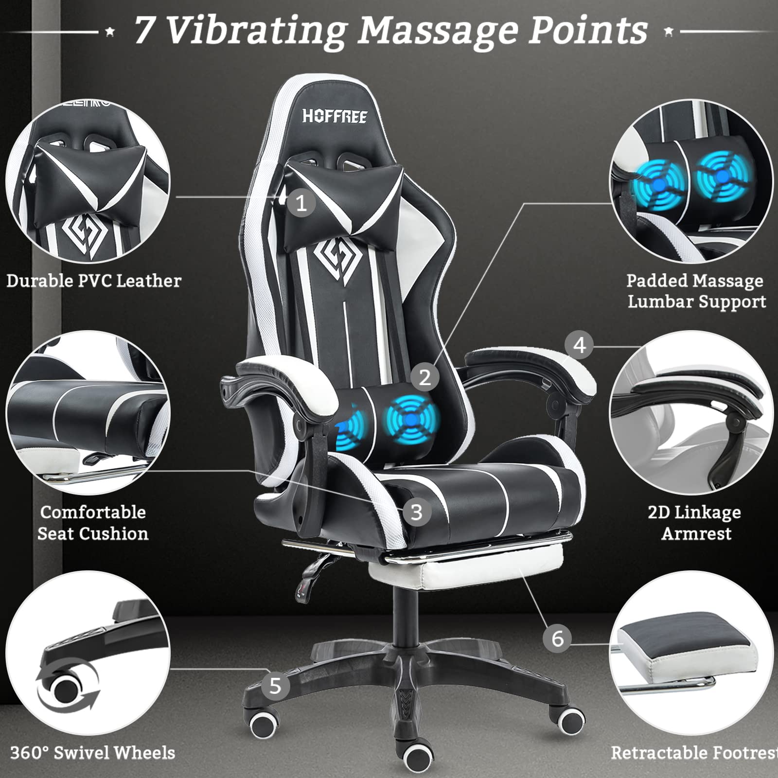 RGB Gaming Chair with LED Lights & Massage - Ergonomic High Back Computer Chair with Adjustable Lumbar Support, Footrest & Linkage Armrest - White & Black for Esports, Streaming & Home Office Setup