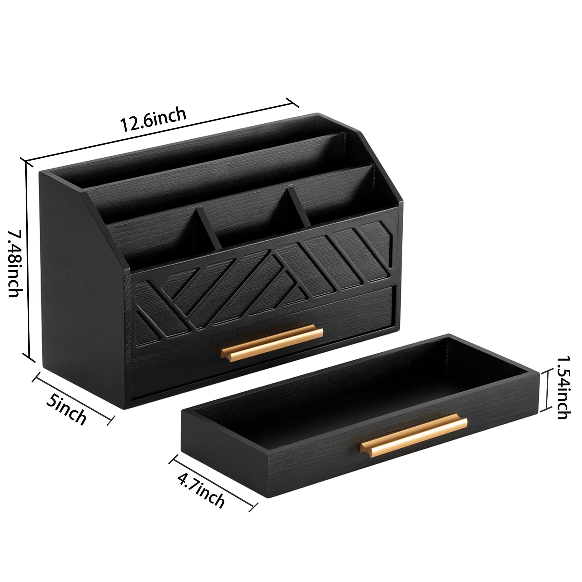 Modern Black Wood Desk Organizer with Drawer - Office Supplies Mail & Bill Organizer, File Holder - Stylish Workspace Accessories for Home Office, Study Desk & Professional Workspaces