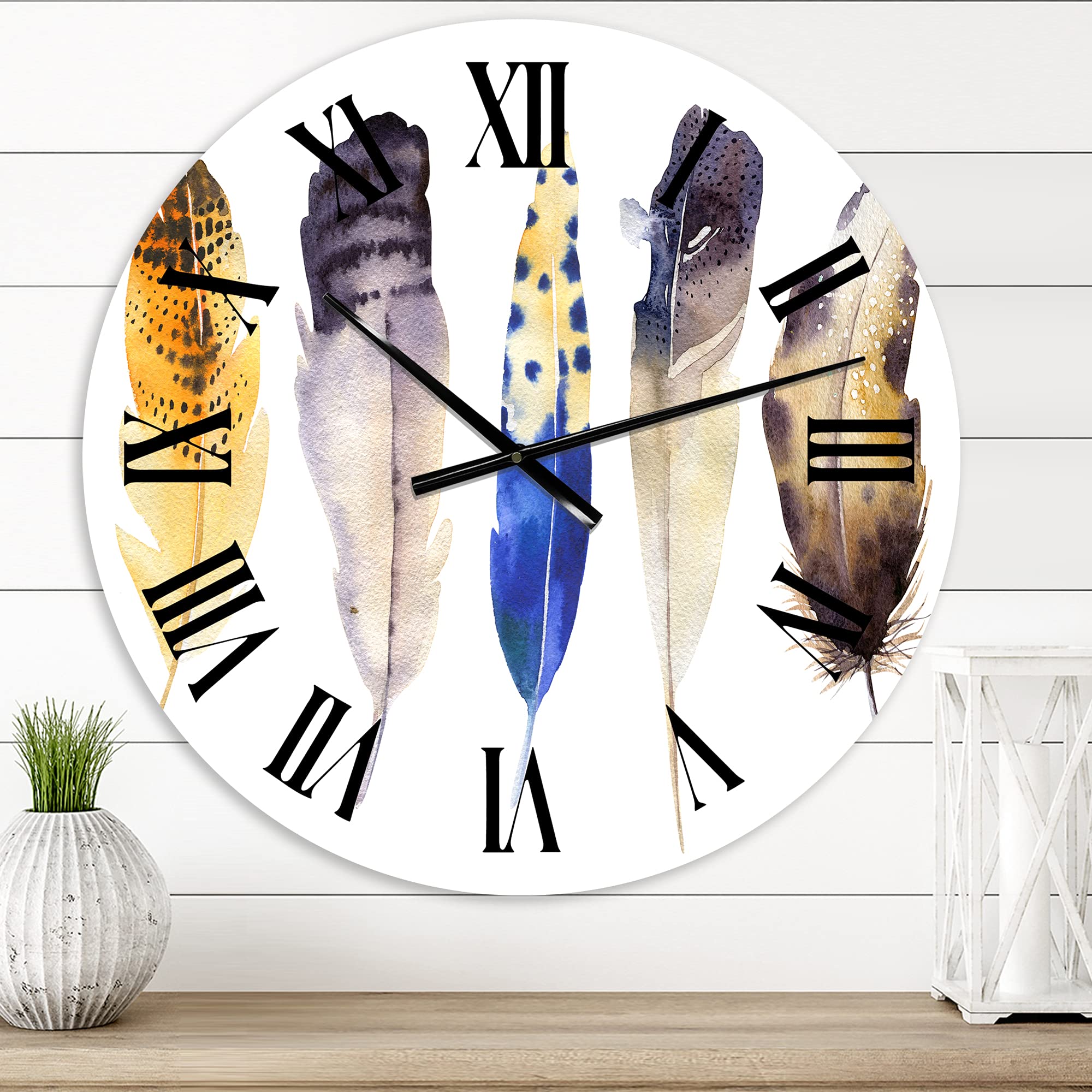 Colorful Boho Feather Wall Clock - Large Decorative Clock for Living Room, Bedroom & Office | Unique Bohemian Home Decor with Animal Motifs