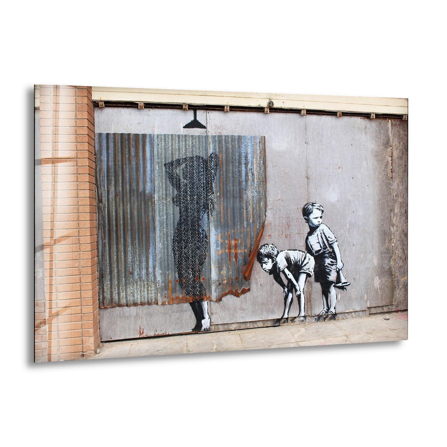Banksy Shower Peeping Boys Framed Glass Wall Art - Modern Home Decor for Living Room, Bedroom & Office