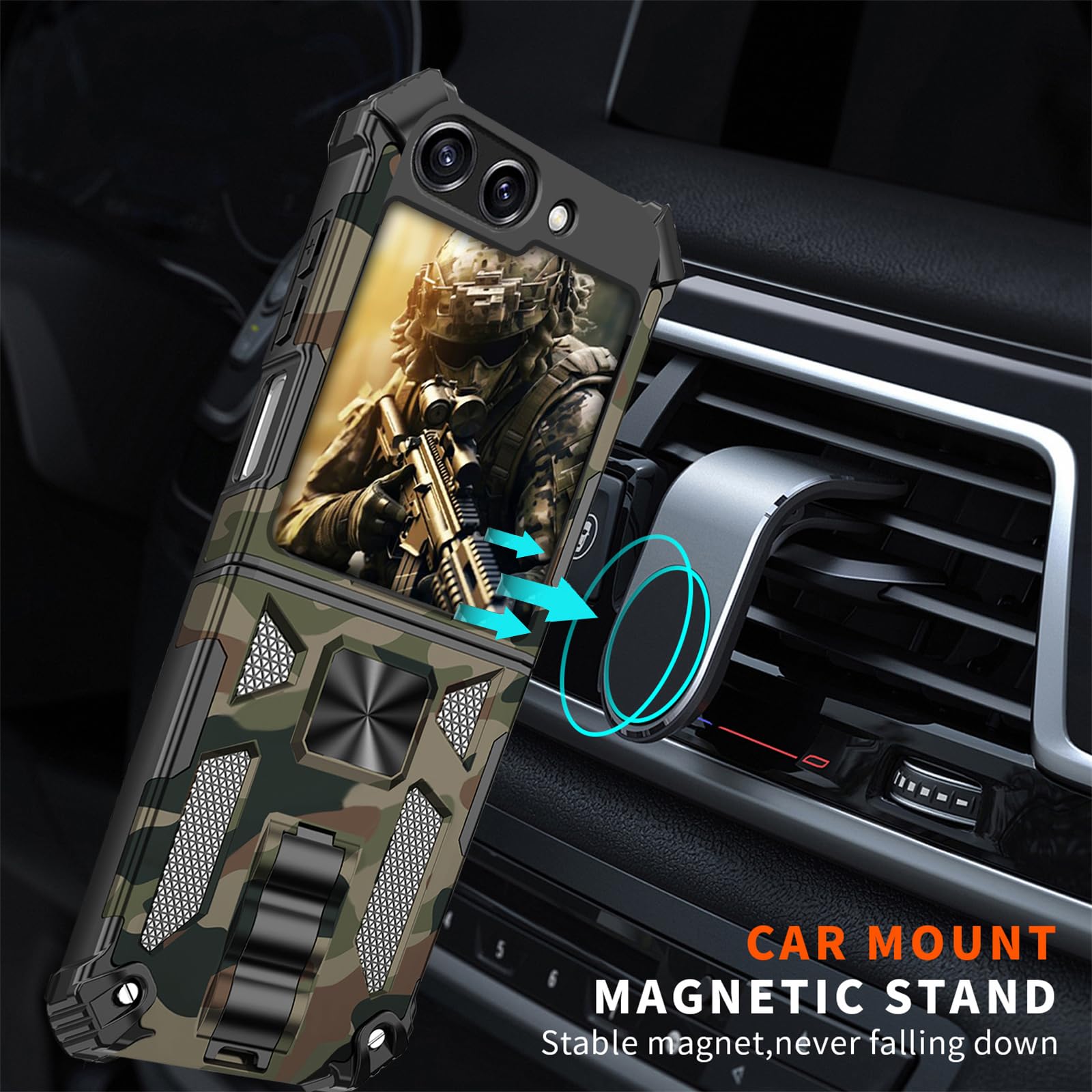 Shockproof Samsung Z Flip6 Case with Kickstand - Army Green Camo for Outdoor & Travel