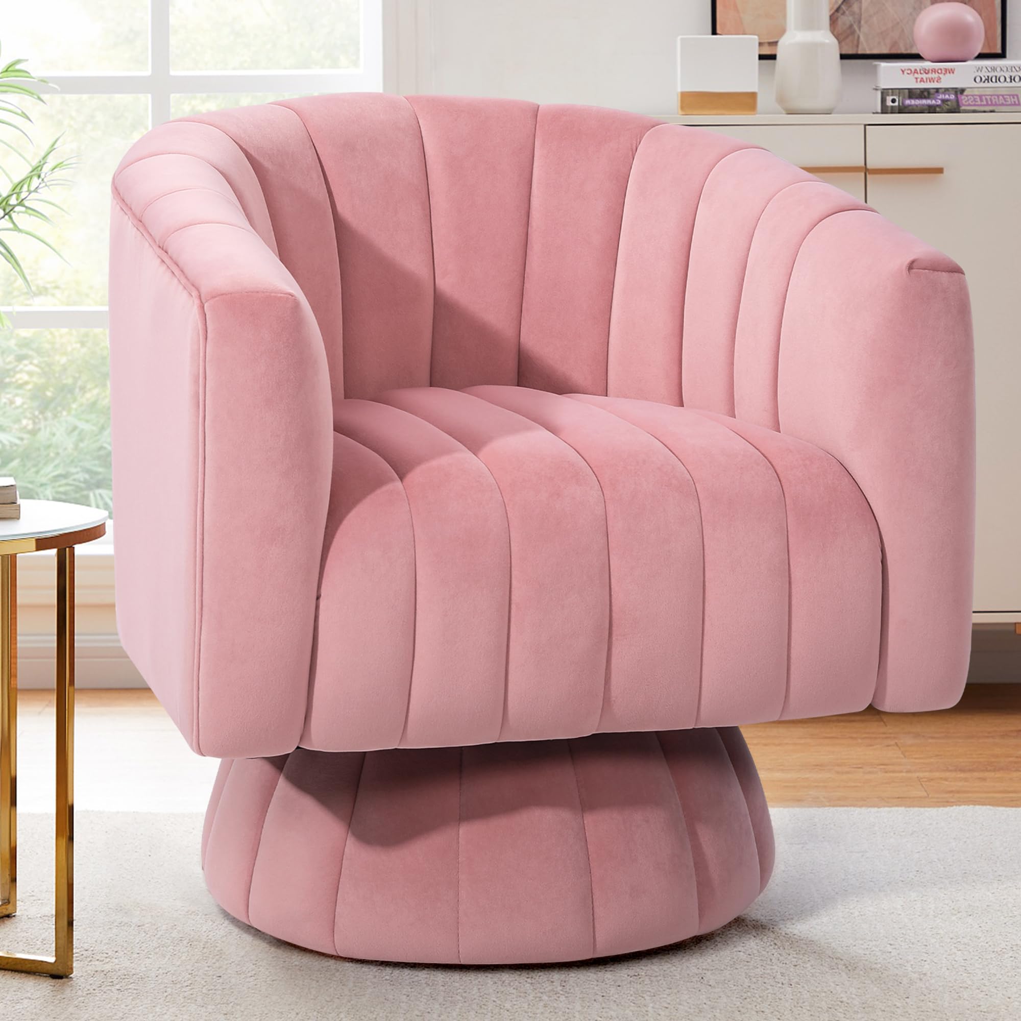Kromax 360 Degree Swivel Accent Chair with Armrest - Mid Century Modern Barrel Chair in Plush Tufted Velvet, Perfect for Living Room, Bedroom & Home Office (Pink) | Cozy Reading Nook & Lounge Seating