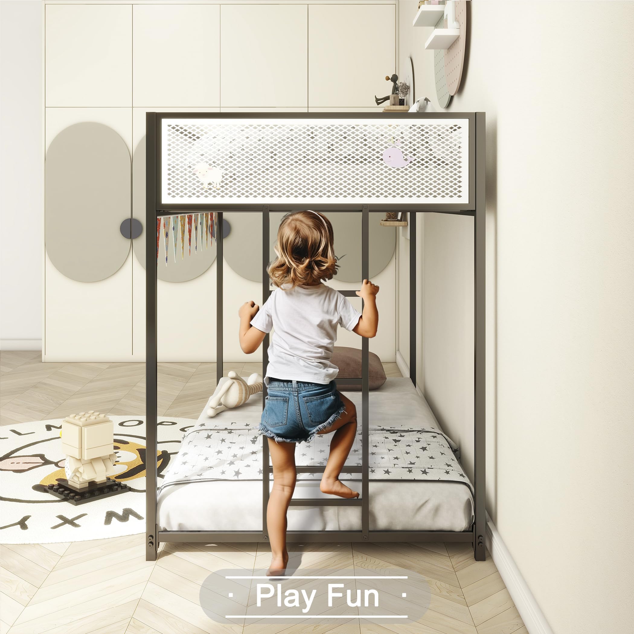 LifeSky Twin Over Twin Metal Bunk Bed for Kids - Space Saving Low Profile Bunk Bed with Ladder for Boys & Girls Aged 6-12 - Perfect for Small Bedrooms, Shared Rooms & Kids' Sleepovers