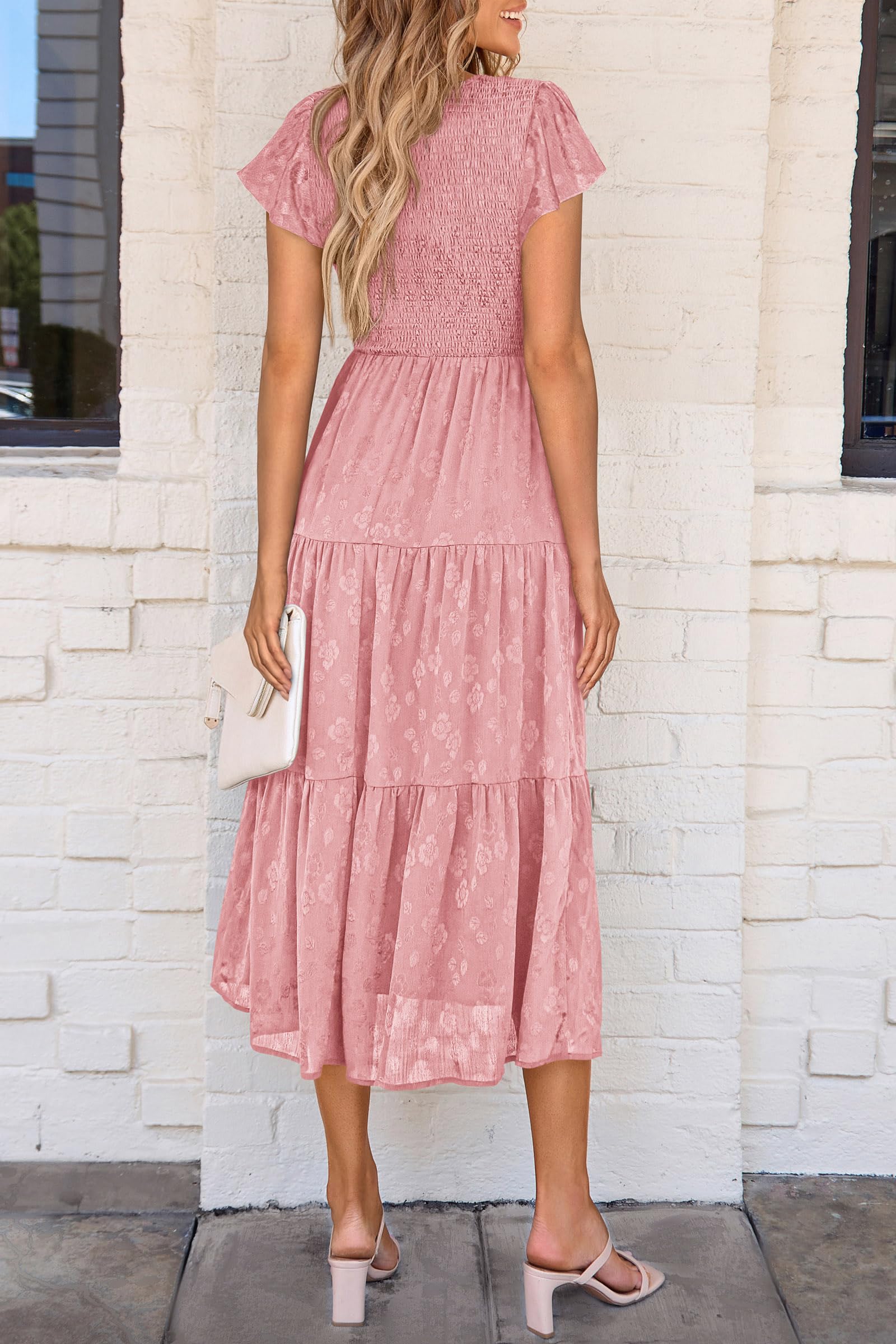 PRETTYGARDEN Women's Floral Midi Dress 2025 Summer Cap Sleeve Smocked Ruffle A-Line Long Flowy Wedding Guest Dress - Perfect for Beach Weddings, Garden Parties & Summer Vacations