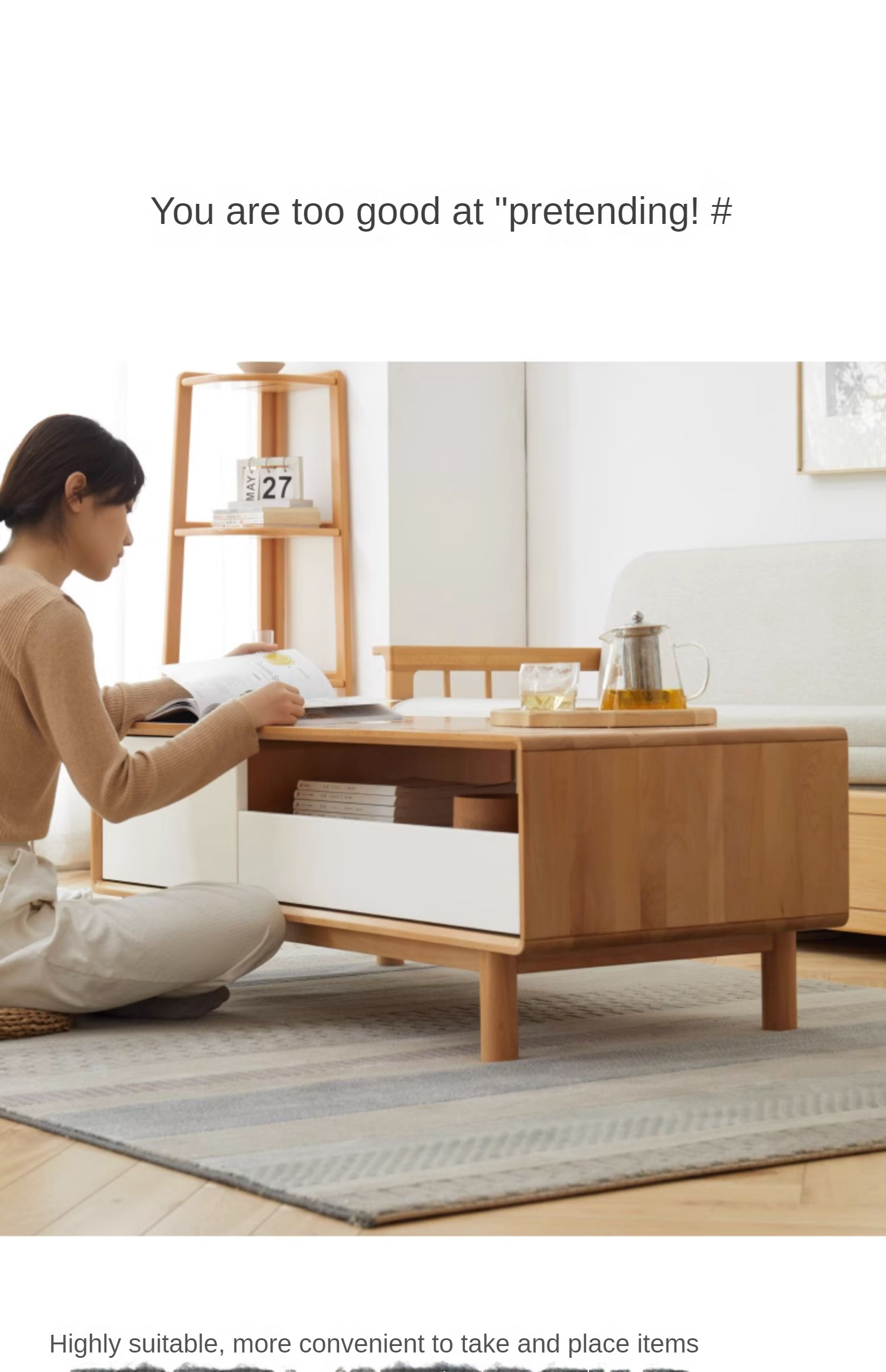 Solid Beech Wood Coffee Table - Rustic Warm Brown Finish for Living Room, Lounge & Home Decor