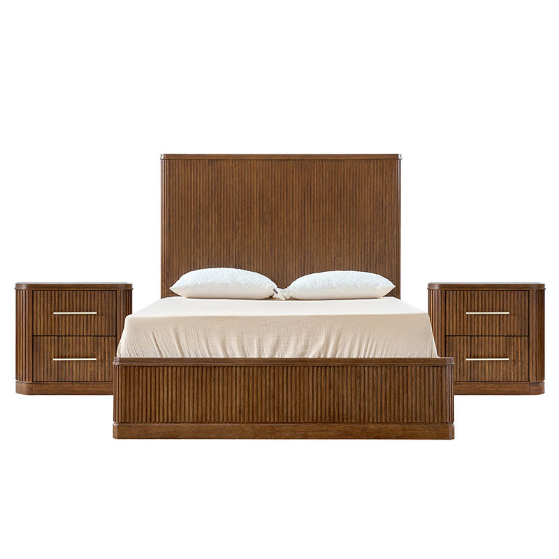 Modern Fluted Solid Wood Bedroom Set with Oak Texture - 3 Piece Queen Size Bed, Nightstand & Dresser | Elegant Bedroom Furniture for Master Suite, Guest Room & Apartment
