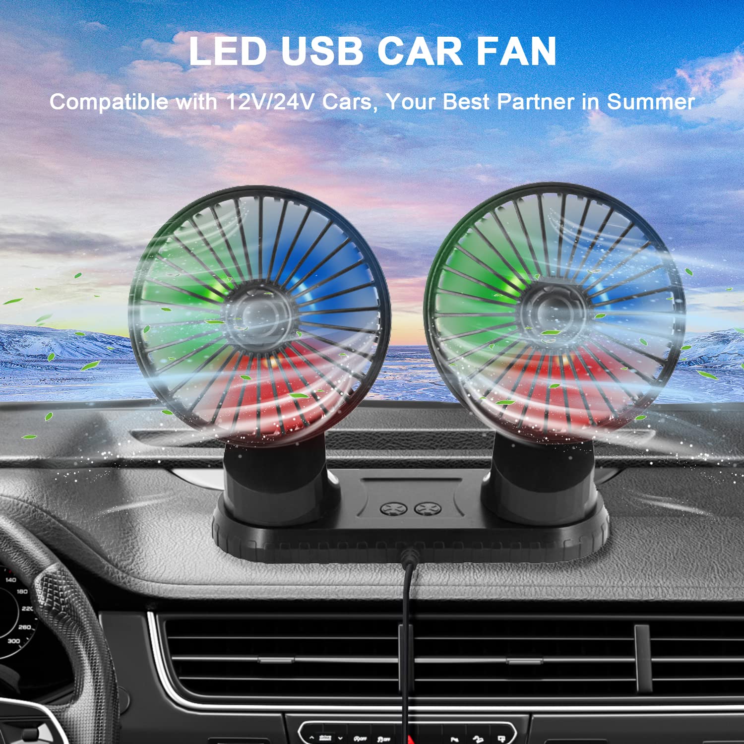 2024 Upgraded Qidoe Dual Head USB Car Fan with LED Lights - 3 Speed Adjustable, 360° Rotation Portable Cooling Fan for Car Dashboard, SUV, RV, Truck, Sedan - Perfect for Home, Office & Vehicle Use - USB Powered Personal Fan for Summer Travel & Work Spaces