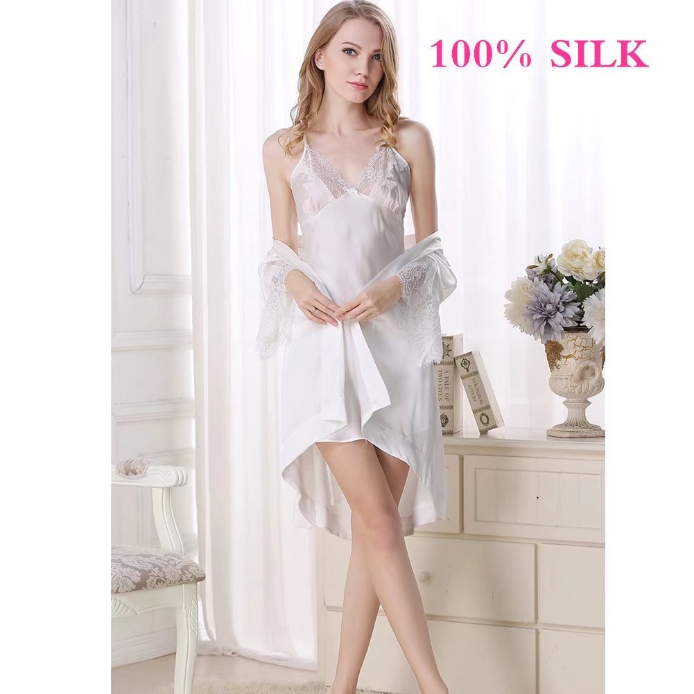Silk Nightgown & Robe Set for Women - 100% Long Silk Pajamas with Lace Trim, Summer Sleepwear (Pink) | Perfect for Romantic Evenings & Luxury Loungewear