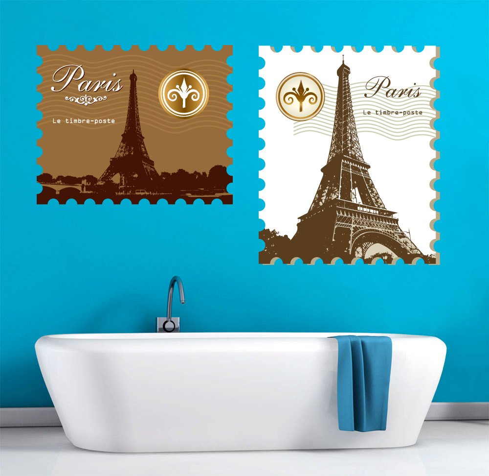 Set of 2 Paris Travel Stamp Design Wall Decals - Size C | Vintage French Cityscape Wall Stickers | Perfect for Home Decor, Nursery, Office & Living Room