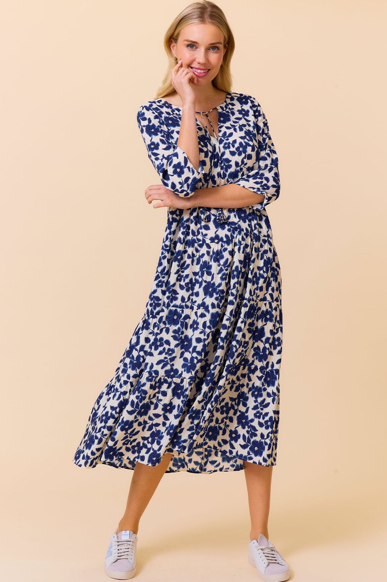 Emma EcoVero™ Midi Dress - Blossom Cream/Navy | Sustainable Women's Floral Summer Dress for Casual Wear, Beach & Outdoor Activities