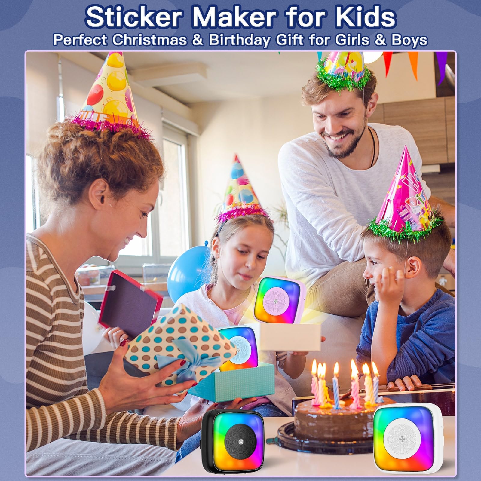 Portable Mini Sticker Printer with 6 Rolls Sticker Paper - 7 Color LED Light Modes for DIY Scrapbooking, Travel Journaling, Note Taking & Labeling | Wireless Bluetooth Compatible with iPhone & Android Phones | Perfect for School, Office & Home Organization
