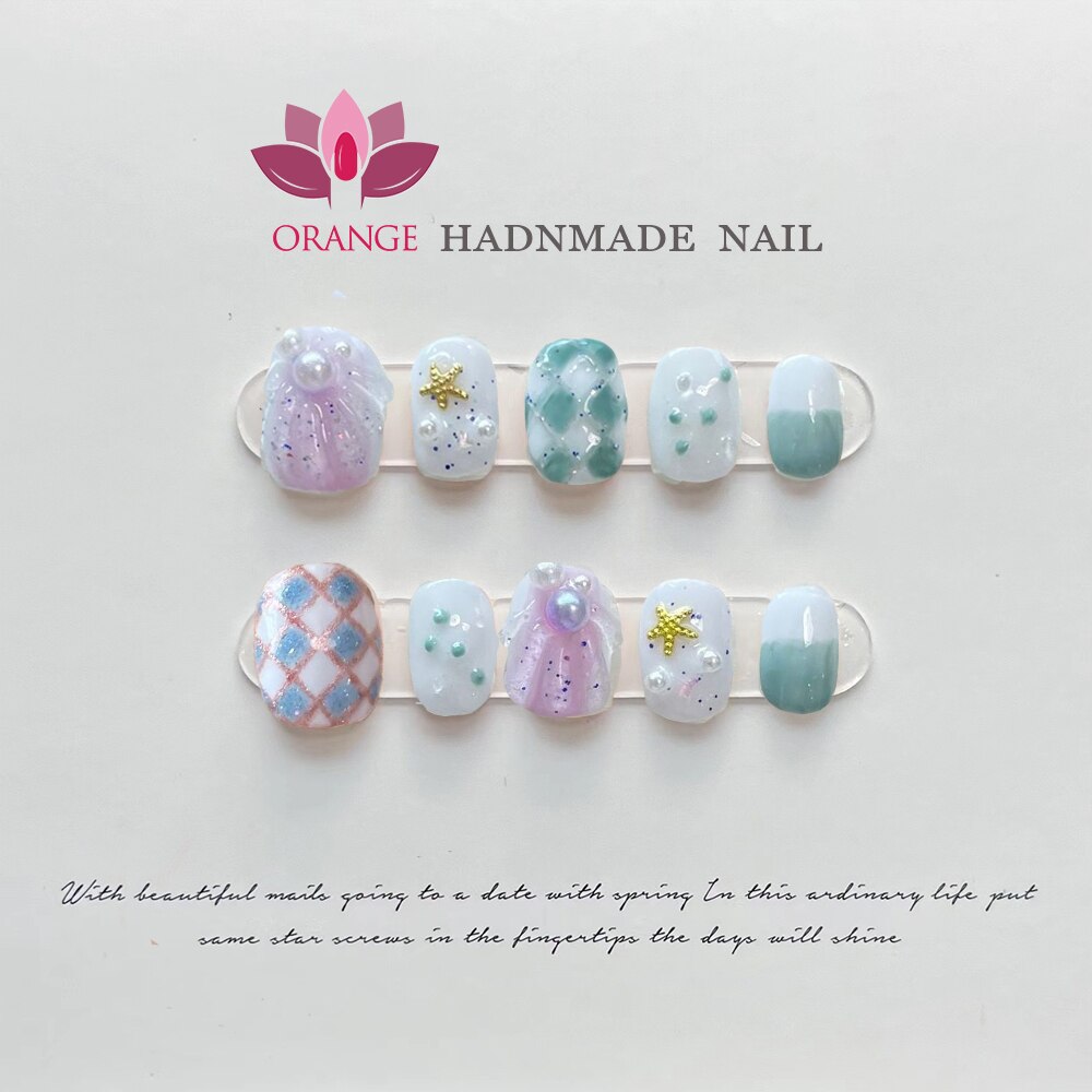 Handmade Press-On Nails Short Reusable Fake Nails - Full Cover Artificial Manicure with Orange Design - Perfect for Parties, Weddings & Daily Wear