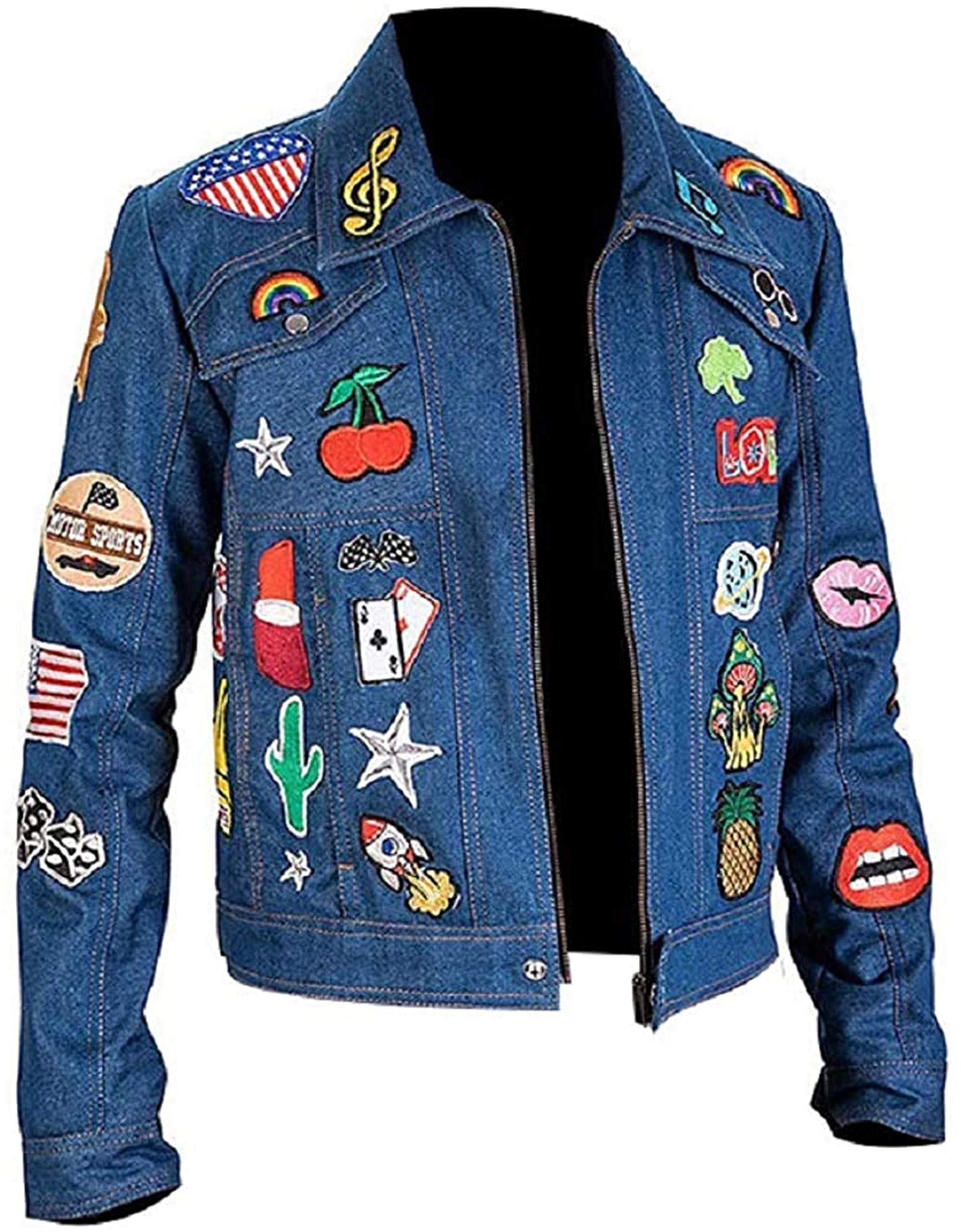 Spazeup Men's Blue Denim Jacket with Vintage Patches - Distressed Jean Jacket for Men | Perfect for Casual Outfits, Streetwear & Fall Layering