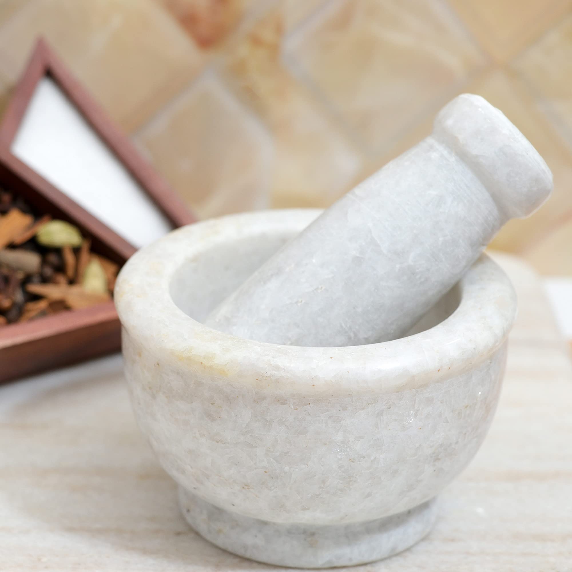 Premium White Marble Mortar and Pestle Set - 4 Inch Spice Grinder & Herb Crusher - Perfect for Guacamole, Pesto, Spices, Pills - Elegant Kitchen Gift for Women - Ideal for Home Cooking, Herbal Remedies & Gourmet Food Preparation