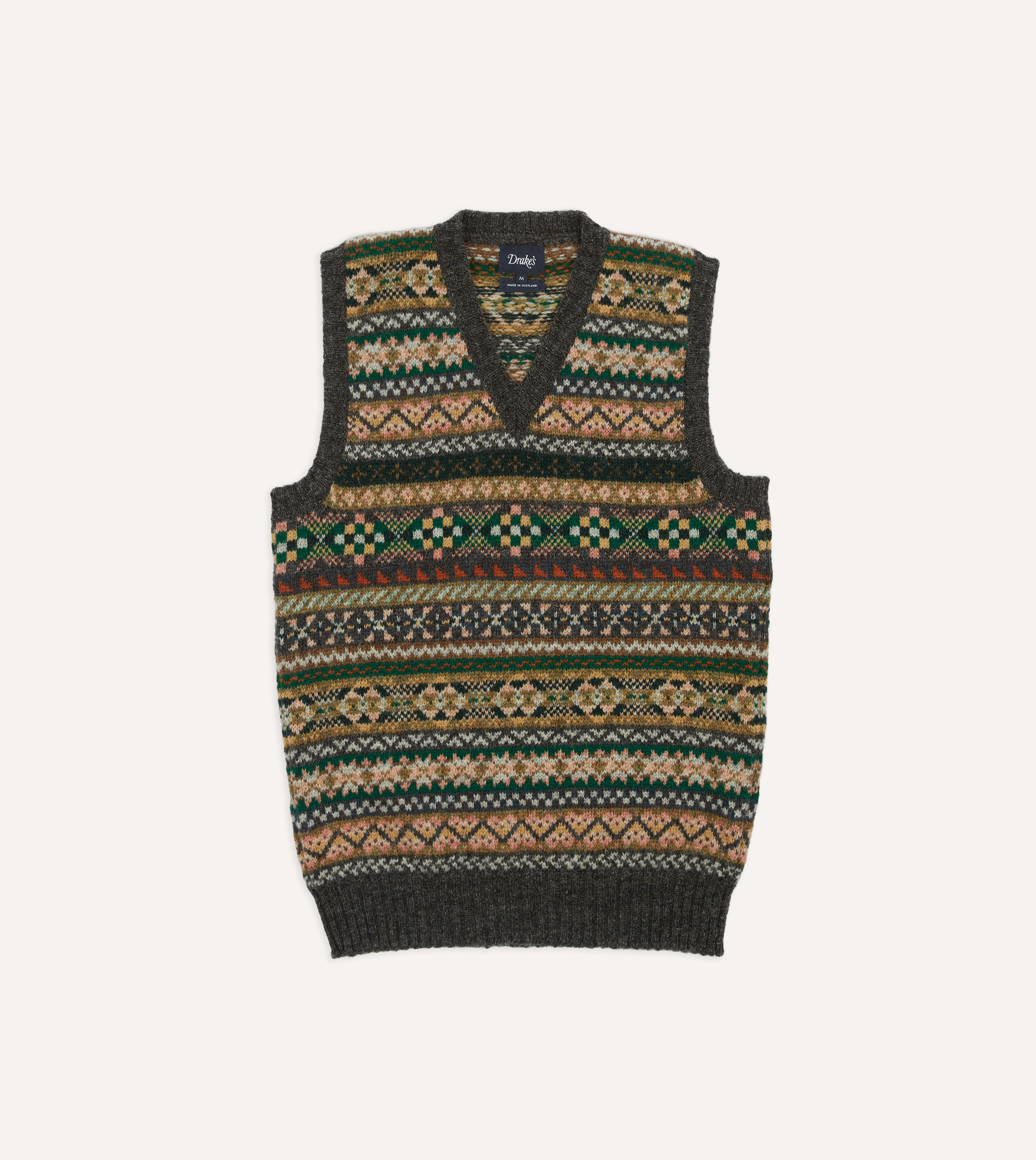 Grey Fair Isle Lambswool Sleeveless V-Neck Jumper for Women - Cozy Winter Pullover, Vintage Knit Sweater Vest for Layering, Office Wear & Casual Outfits