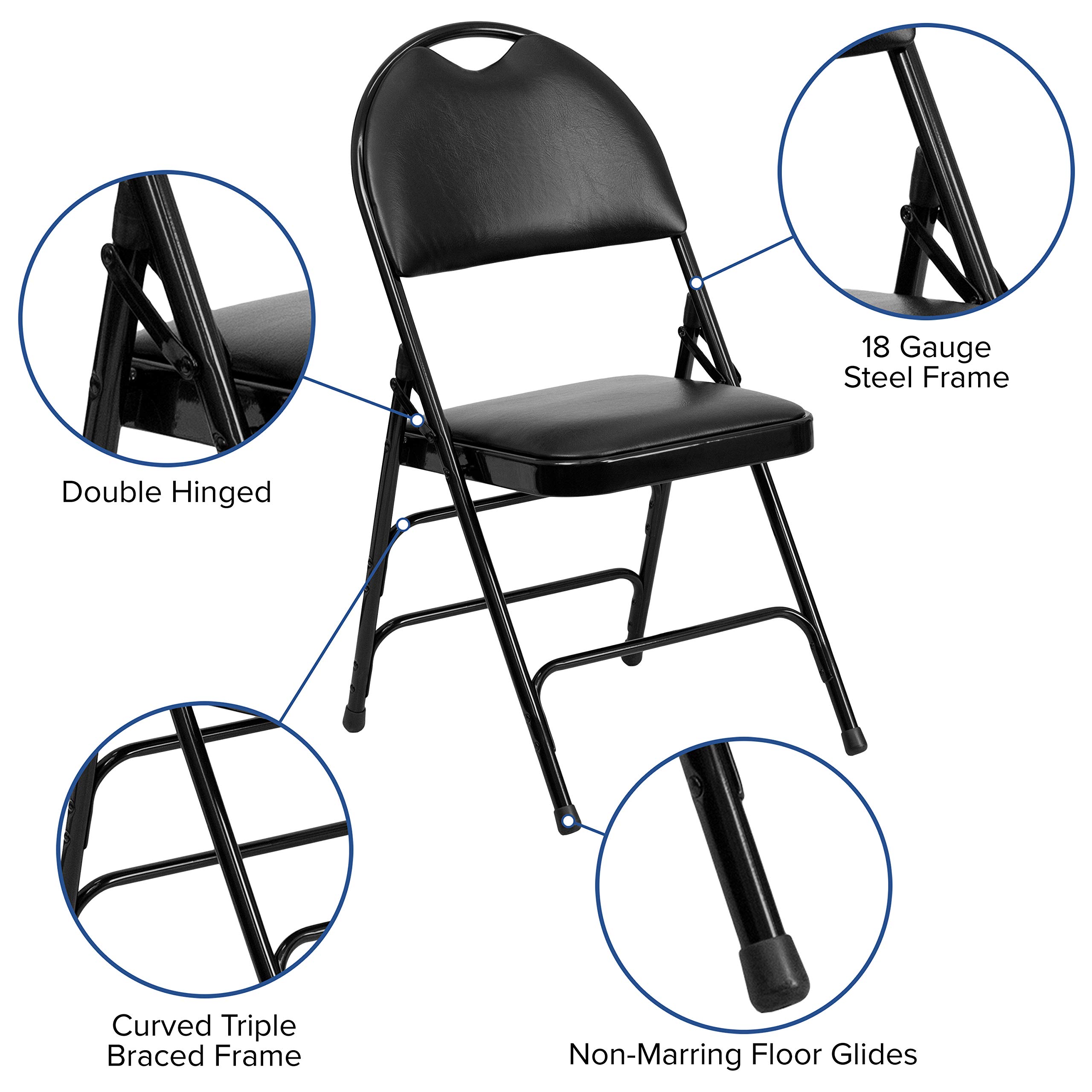 EMMA + OLIVER 4 Pack Black Vinyl Folding Chairs - Lightweight Metal Frame, Portable & Space-Saving for Indoor Outdoor Events, Parties, Camping, Picnics, and Home Use