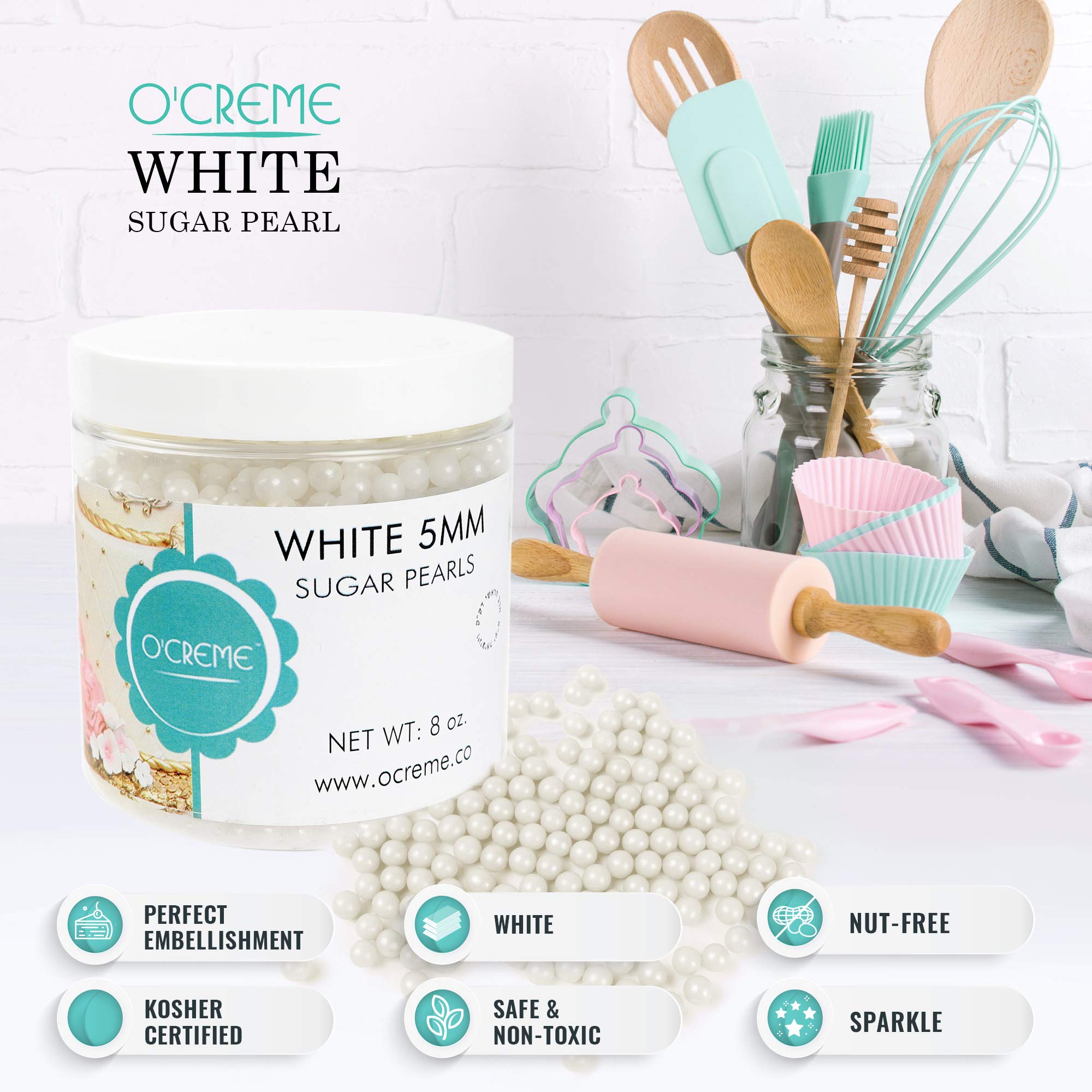O'Creme White Edible Sugar Pearls - 10mm Cake Decorating Supplies for Bakers (11 Pound) - Perfect for Cookies, Cupcakes, Icing Toppings & Candy Decorations - Certified Baking Beads & Sprinkles for Wedding Cakes, Birthday Parties & Dessert Displays