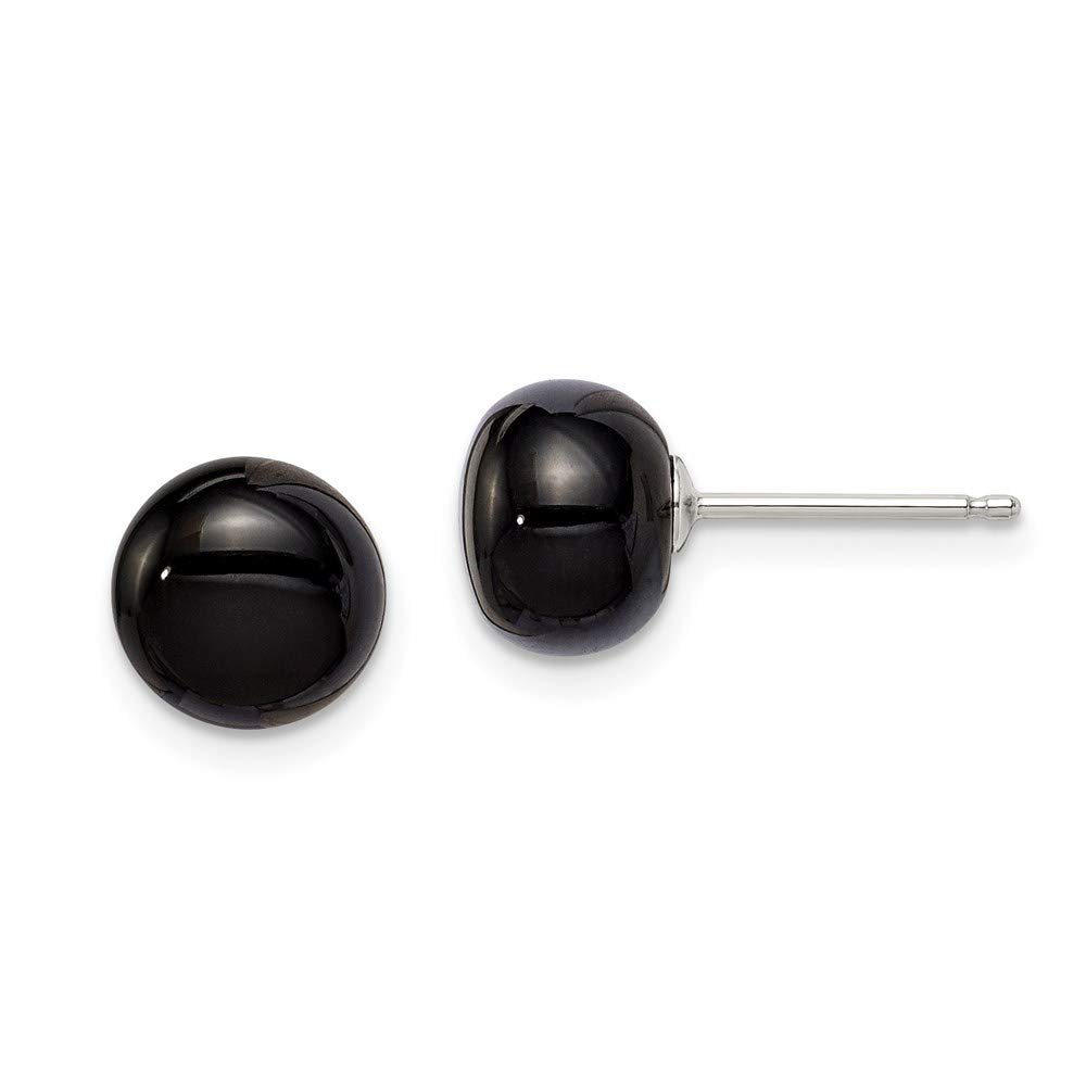 Elegant White Sterling Silver Button Earrings for Women with Black Agate Stone (8-8.5mm) – Perfect for Everyday Wear, Office & Special Occasions