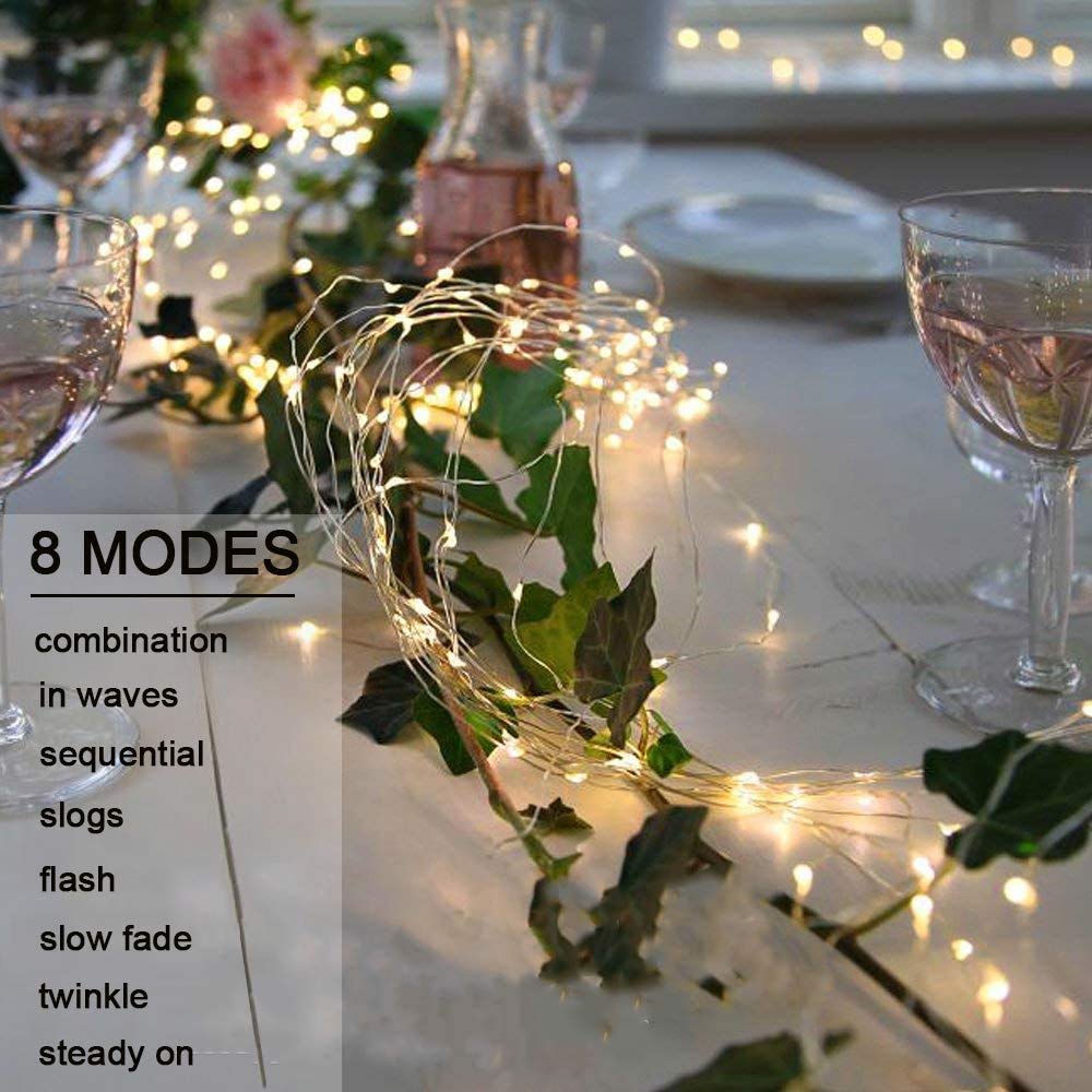 VOOKRY 10 Strands 200 LEDs Battery Operated Fairy Lights with Remote - Waterproof Outdoor String Lights, Silver Wire Branch Lights with Timer for Garden, Wedding, Party, Christmas Decoration & DIY Watering Can Lighting