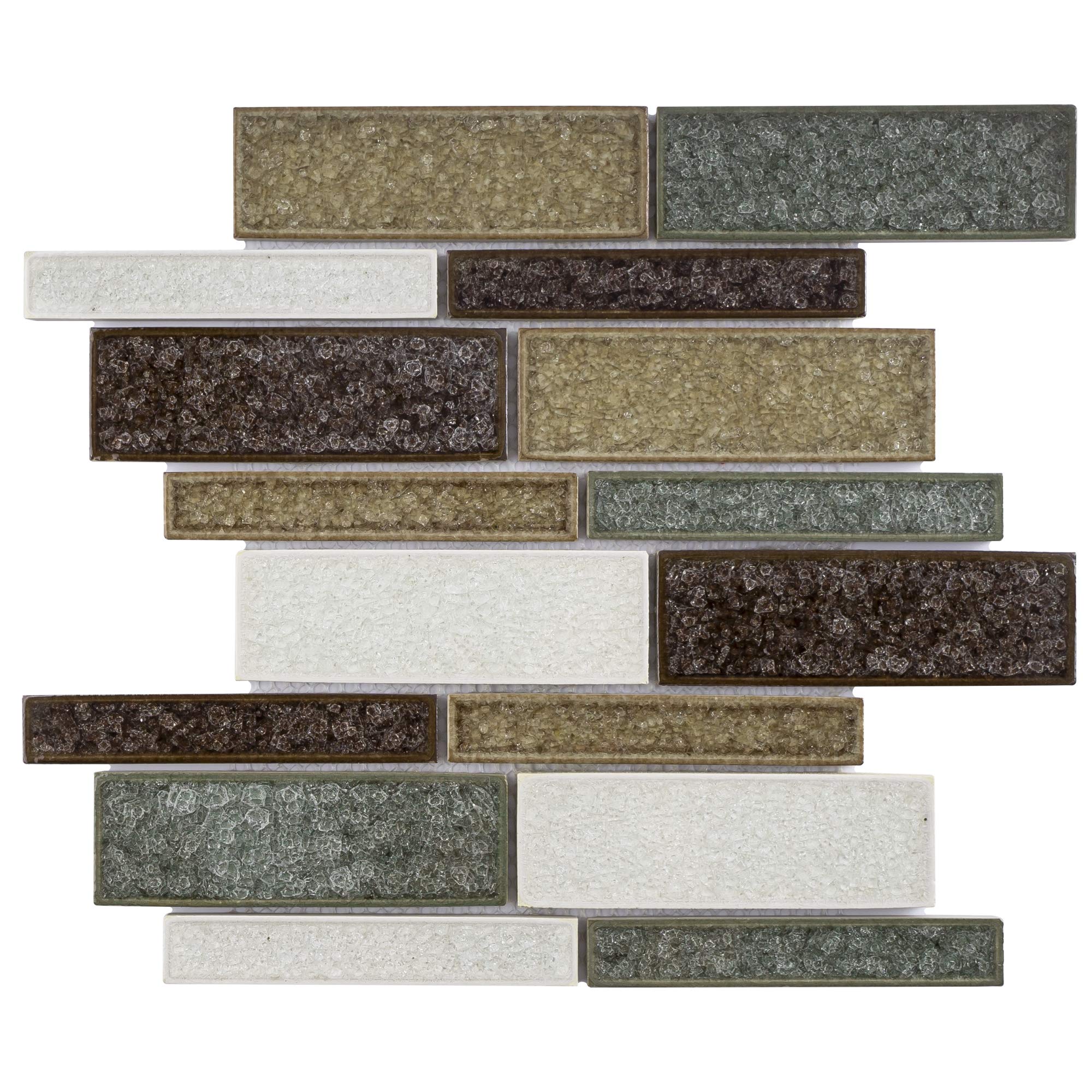 TRPCG-07 Roman Art Green Brown Large Brick Crushed Glass Mosaic Tile - 10 Sheets Pack for Bathroom Backsplash, Kitchen Wall, and Pool Decor