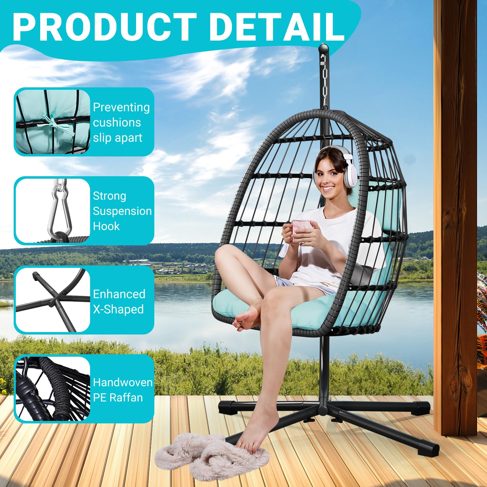 LEVELEVE Egg Chair with Stand - Patio Rattan Wicker Hanging Swing Chair for Bedroom, Porch & Garden - Thickened Aluminum Alloy Frame & UV-Resistant Cushion - 350LBS Capacity - Perfect for Relaxing, Reading & Outdoor Lounging