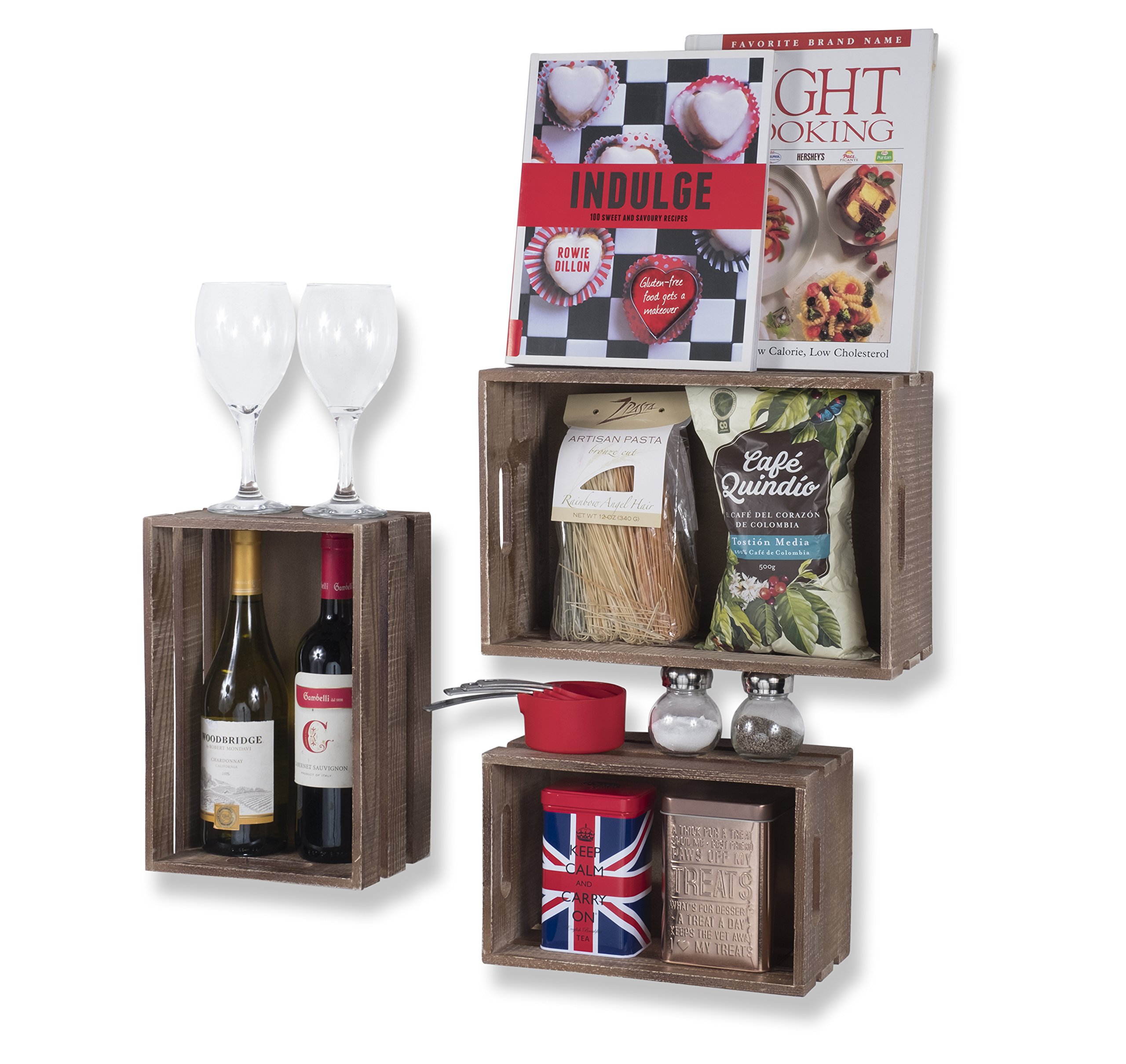 Rustic Wooden Wine Rack Wall Mount - Set of 9 Walnut Storage Baskets & Crates for Kitchen, Bar, or Dining Room Decor