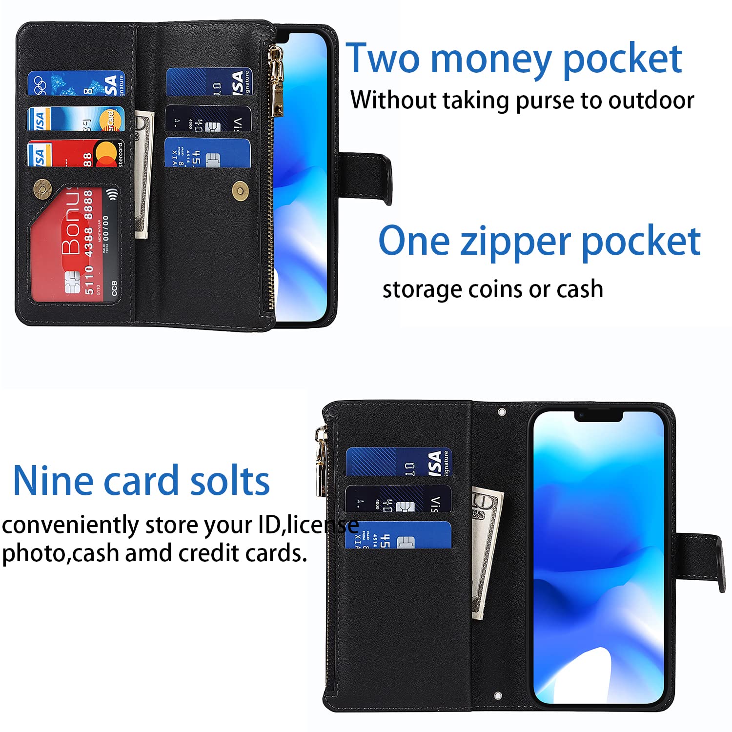 Premium Leather Magnetic Wallet Case for iPhone 14 Pro Max - Shockproof Protective Cover with Crossbody Strap & Stand (Black) | Perfect for Travel, Work & Everyday Use