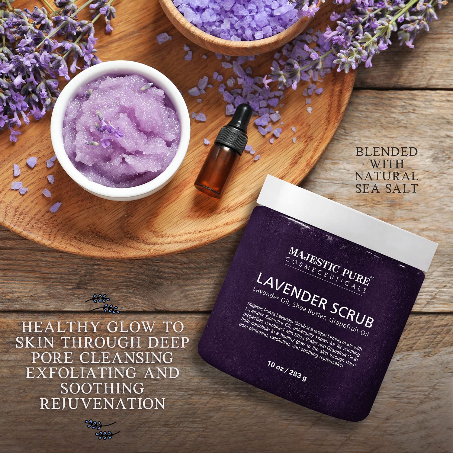 Majestic Pure Lavender Oil Body Scrub with Shea Butter & Grapefruit Oil - Exfoliating & Moisturizing Skin Care for Acne Treatment - 10 oz - Perfect for Spa Day, Dry Skin Relief & Self-Care Routine