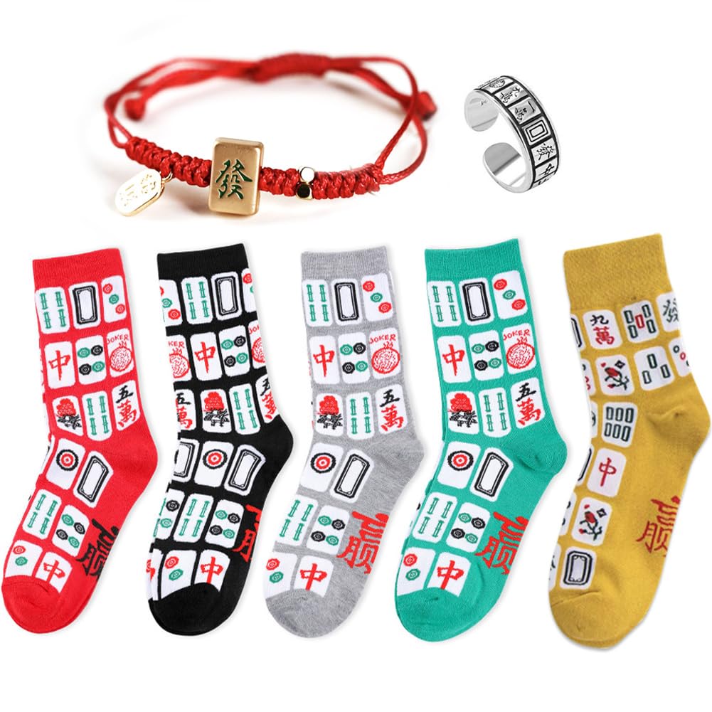 5 Pairs Lucky Mahjong Socks Set with Bonus Bracelet & Ring - Cute Colorful Cotton Crew Socks with Mahjong Print, Perfect Gift for Mahjong Lovers (Black Gift Box) | Great for Game Nights, Chinese New Year Gifts, and Mahjong Enthusiasts