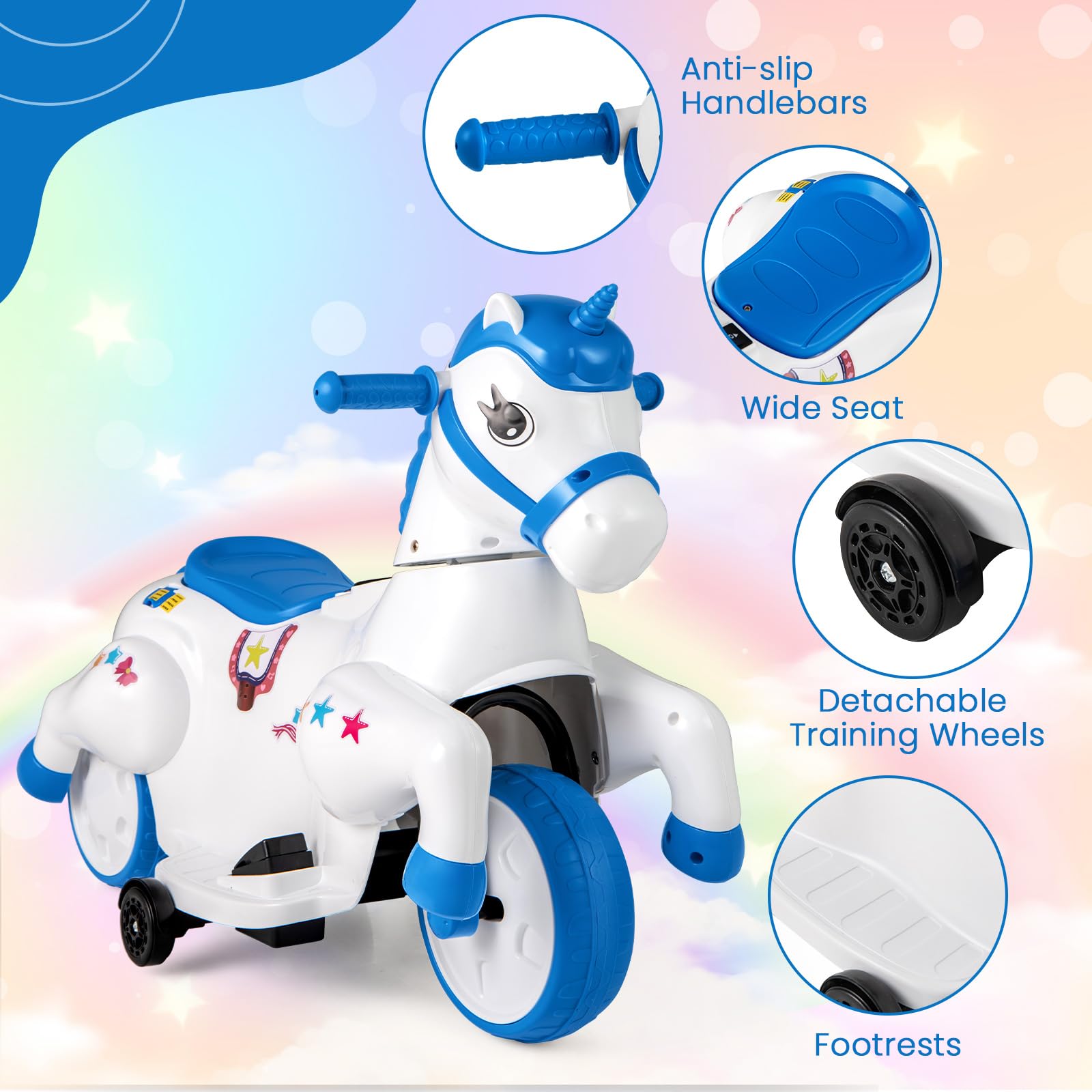 HONEY JOY 12V Unicorn Ride-On Toy for Kids - 3-Wheel Battery Powered Electric Pony Car with Training Wheels, Music & Up/Down Motion - Perfect Birthday Gift for Boys & Girls (Blue) - Great for Indoor Play, Backyard Fun & Preschool Learning Activities