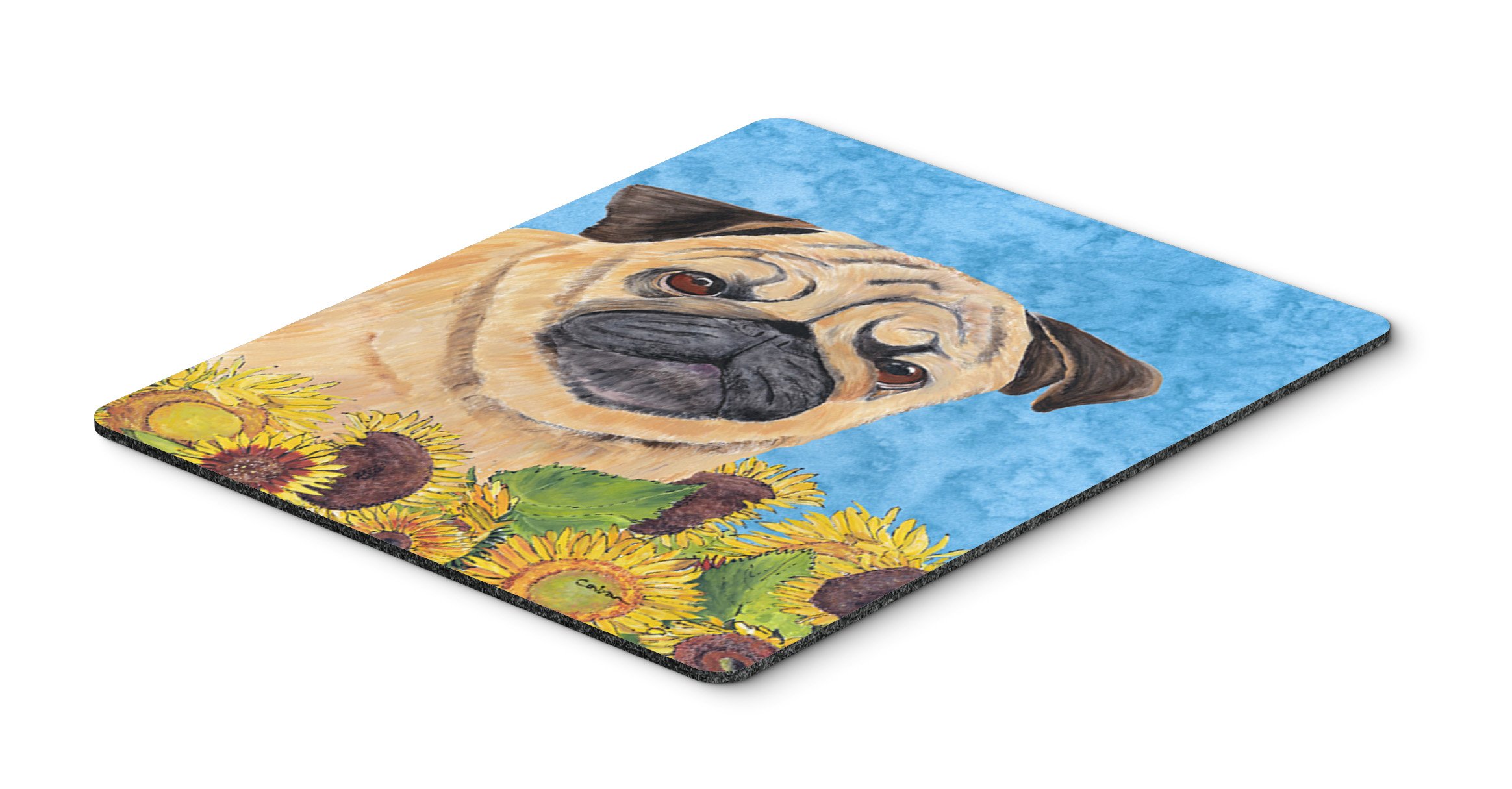 Caroline's Treasures SC9068MP Washable Large Mouse Pad with Pug in Summer Flowers Design - Non-Slip Desk Mat for Home Office, Gaming, Computer & Laptop Use | Perfect Hot Pad & Trivet for Kitchen Decor