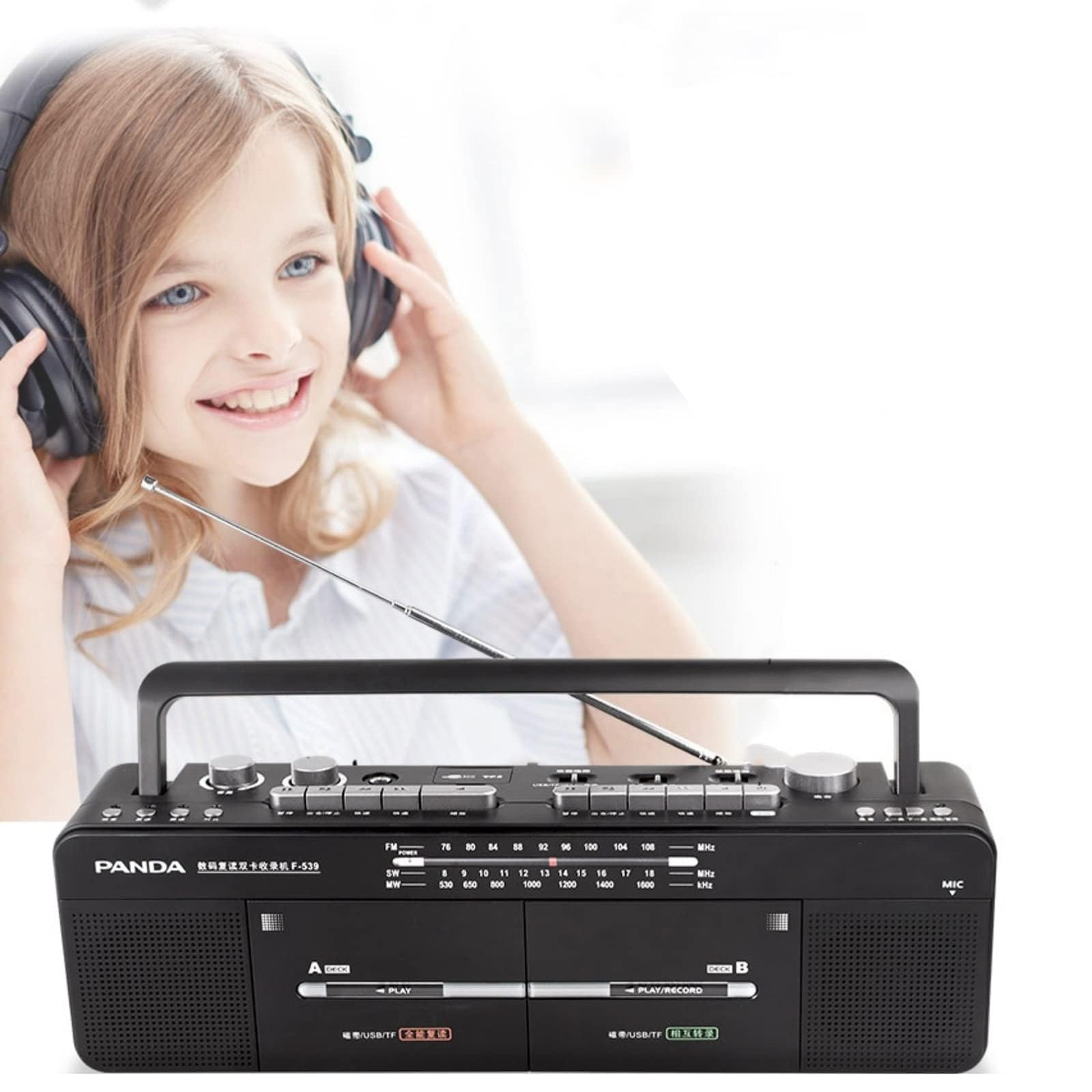 Vintage Portable Cassette Player Boombox with AM/FM Radio, Double Tape Deck, MP3/USB/TF Card Playback - One-Touch Recording & Transcription - Perfect for Music Lovers, Retro Enthusiasts & Home/Office Use