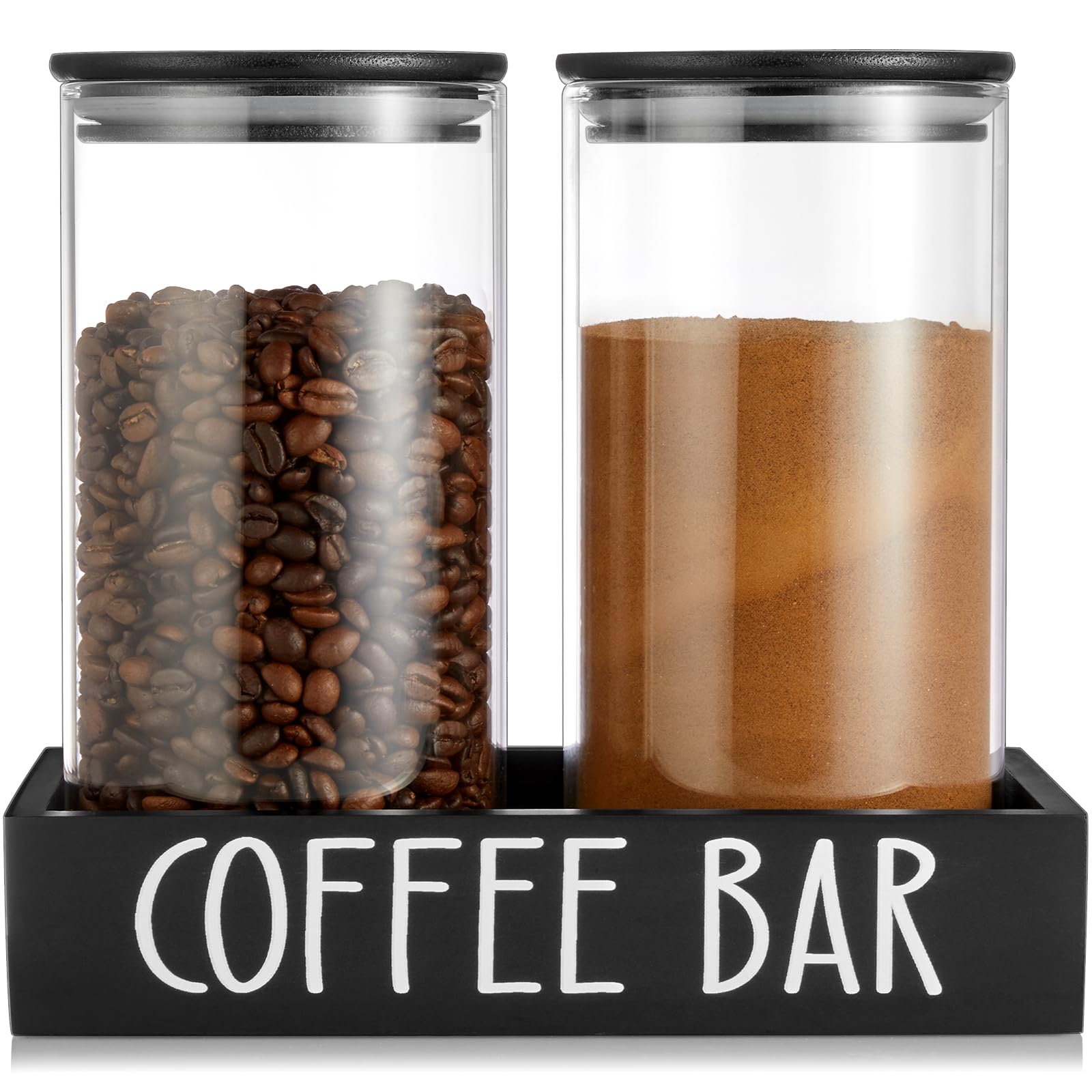 2-Pack 45oz Airtight Glass Coffee Canister Set with Bamboo Lids & Black Tray - Farmhouse Style Ground Coffee & Sugar Storage Jars - Perfect for Coffee Bar Decor, Kitchen Organization & Gift Giving