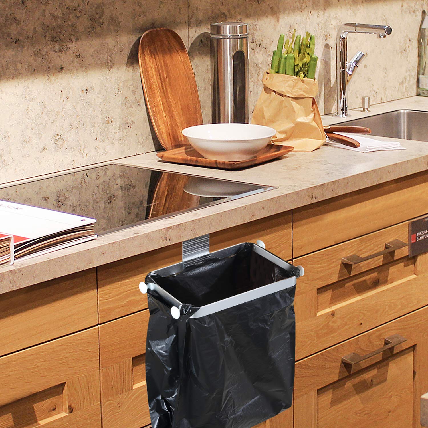 Stainless Steel Trash Bag Holder - Under Sink Garbage Can for Kitchen, Bathroom, RV, Office & Dorm Room | Space-Saving Waste Bin for Small Spaces | Silver Metal Design