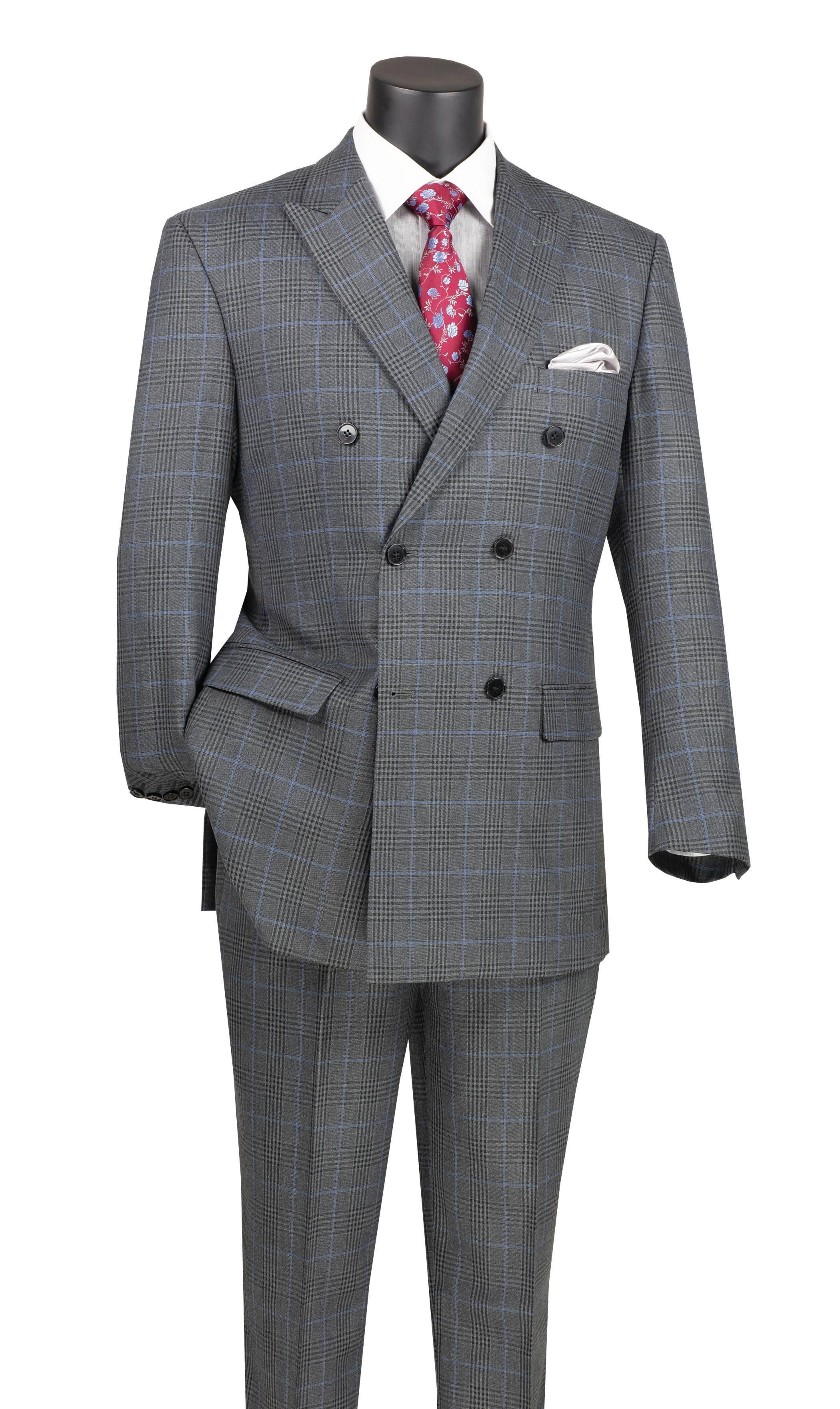 Premium Charcoal Gray Windowpane Double Breasted Men's Suit - Formal Business Attire for Weddings, Interviews & Office Wear
