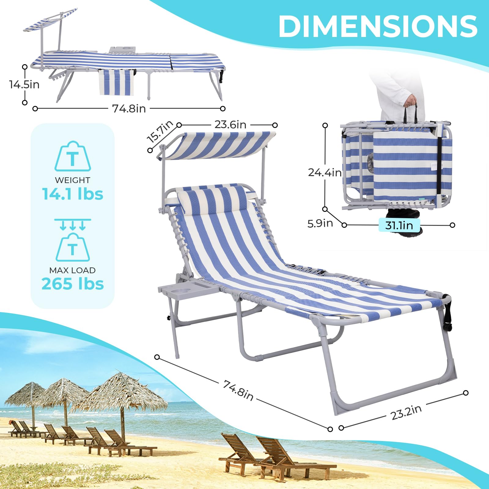 WEJOY Adjustable Patio Chaise Lounge Chair with Canopy & Side Table - 5-Position Recliner, Face Hole & Storage Pocket - Portable Folding Beach Chair for Poolside, Lawn, Camping & Sunbathing - Perfect for Outdoor Relaxation by the Pool, Beach or Backyard