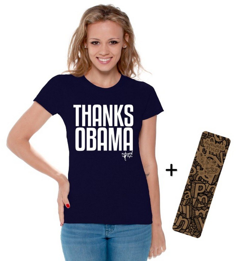 Awkwardstyles Women's Thanks Obama T-Shirt - White Political Graphic Tee with Bookmark - Perfect for Elections, Protests & Liberal Events
