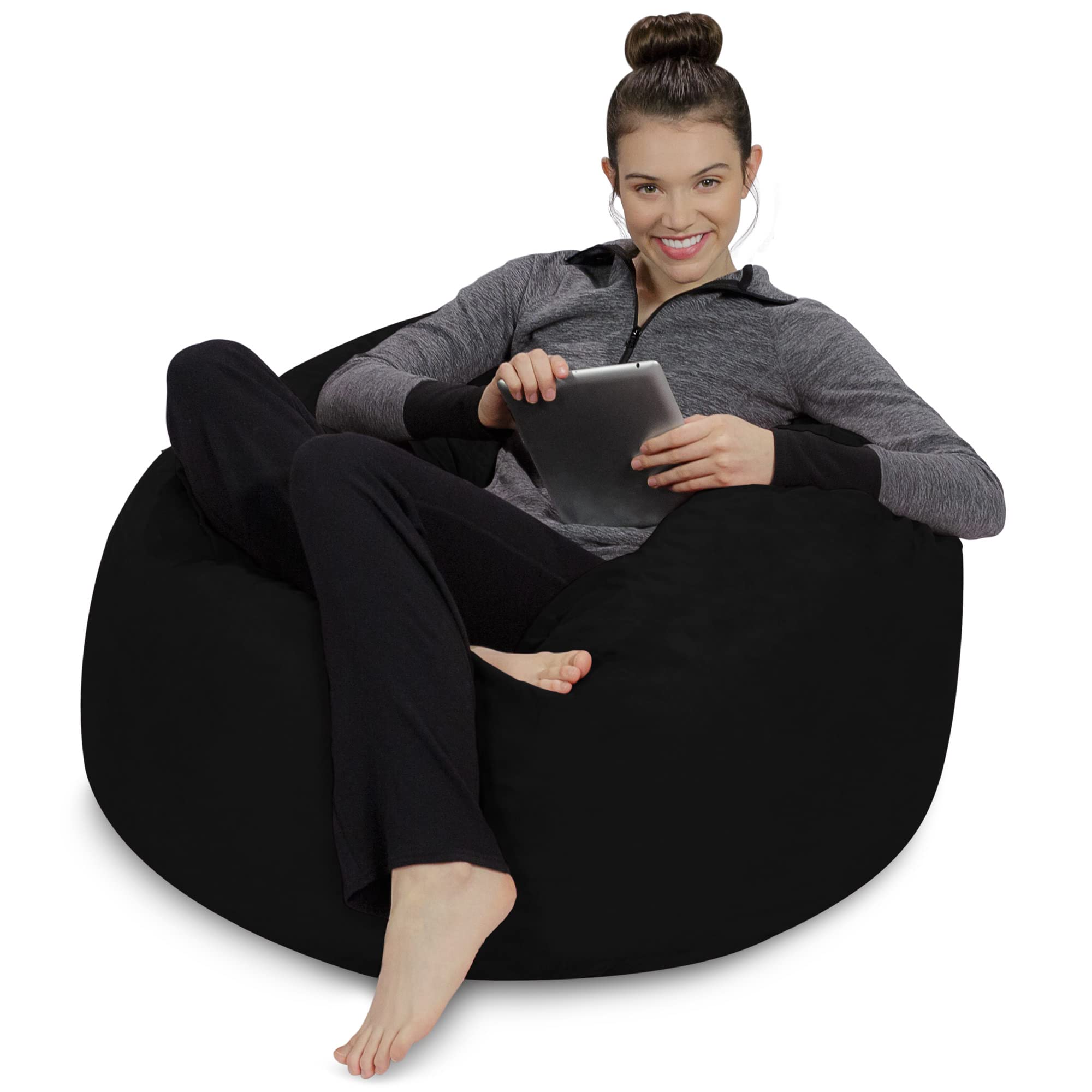 3' Memory Foam Bean Bag Chair with Soft Microfiber Cover - Comfortable Sofa Sack for Living Room, Bedroom & Game Room - Midnight Black - Perfect for Relaxing, Lounging & Gaming