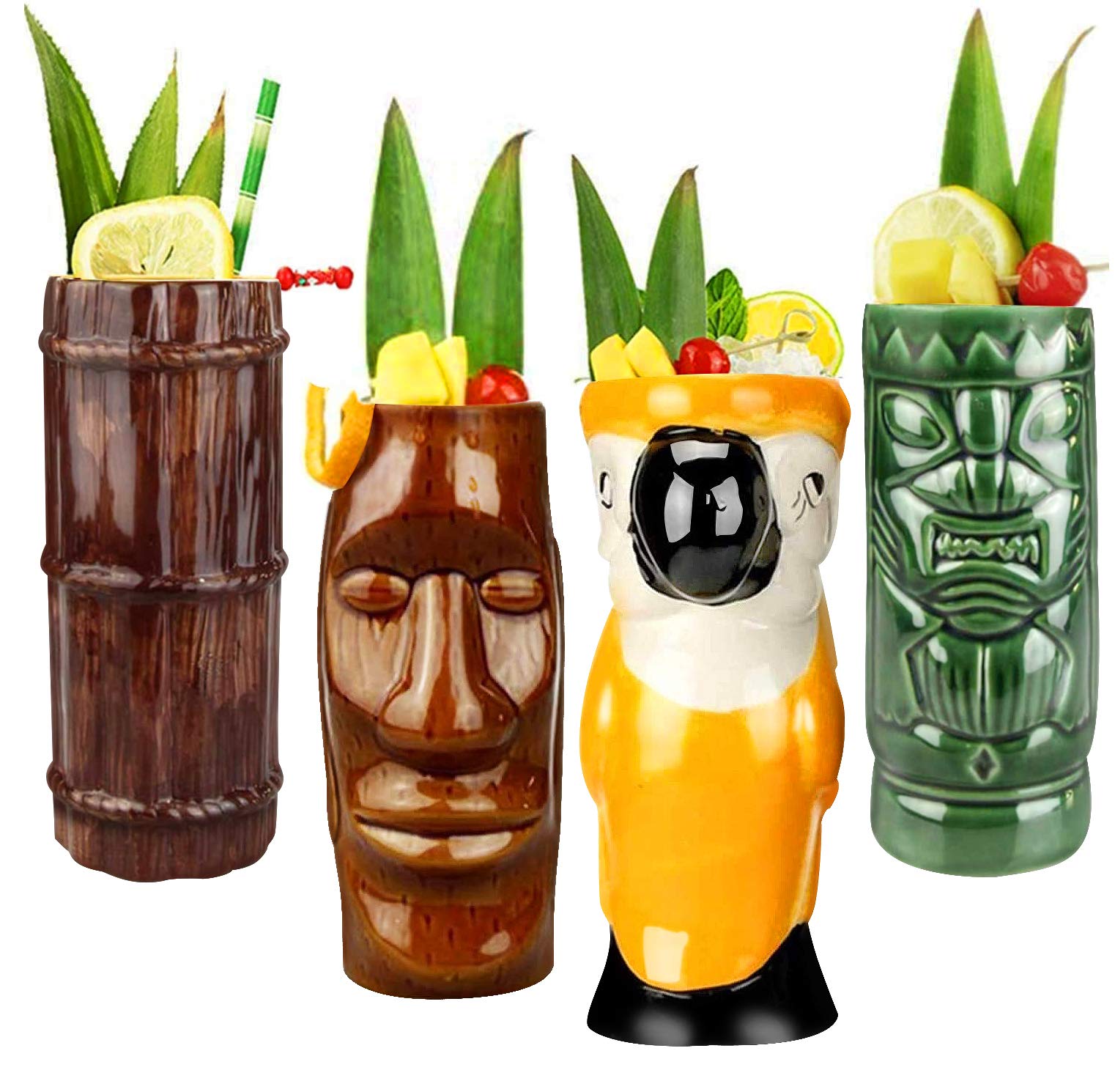 Tiki Mugs Cocktail Set of 4 - Large Ceramic Hawaiian Party Mugs for Tropical Drinks, Exotic Cocktail Glasses for Tiki Bar & Home Decor, Professional Barware for Luau Parties & Summer Entertaining (TKSET0001)