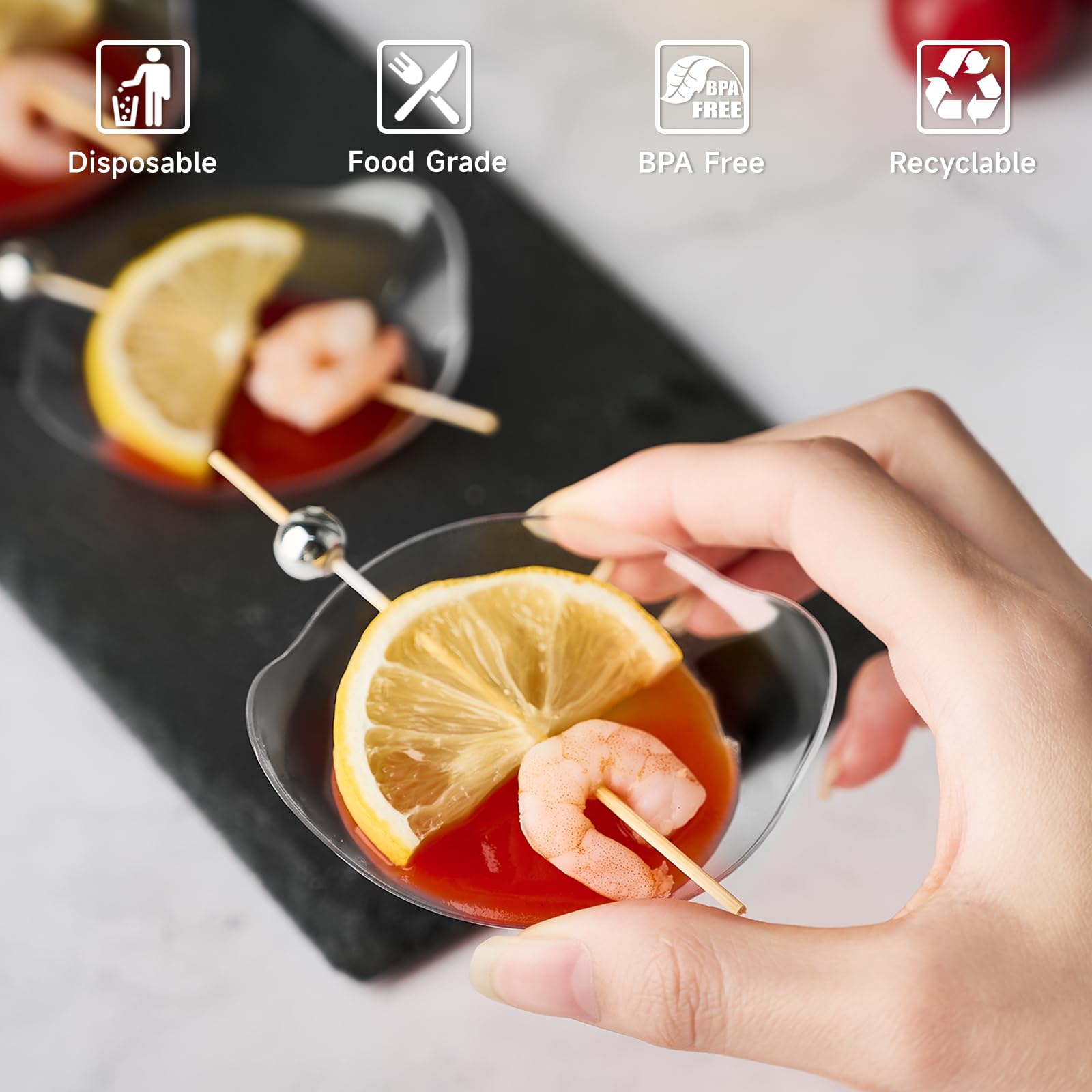 Kucoele 100 Pack Mini Clear Plastic Dessert Plates with Spoons - Disposable Small Serving Trays for Appetizers, Fruits, Cakes & Party Snacks - Perfect for Birthday Celebrations, Wedding Receptions & Cocktail Events