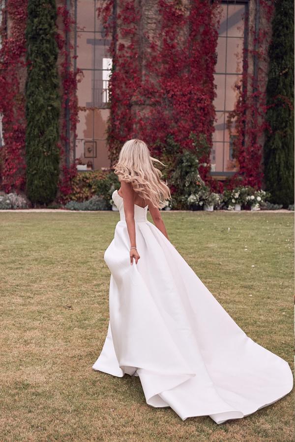 Strapless Ivory Satin A-Line Wedding Dress with Thigh Split & Court Train TN280 - Perfect for Bridal, Formal Events & Evening Gowns