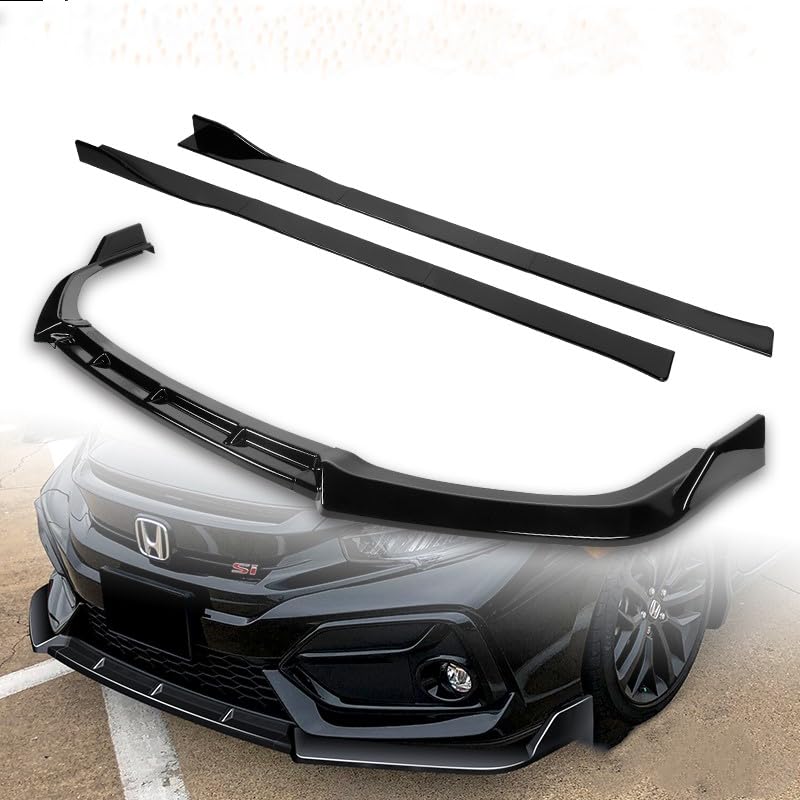 9-Piece Painted Black Front Bumper Lip + Side Skirt Extensions & Rear Diffuser Body Kit for 2017-2021 Honda Civic Si Coupe/Sedan - Aggressive Styling Upgrade for Street & Track Performance